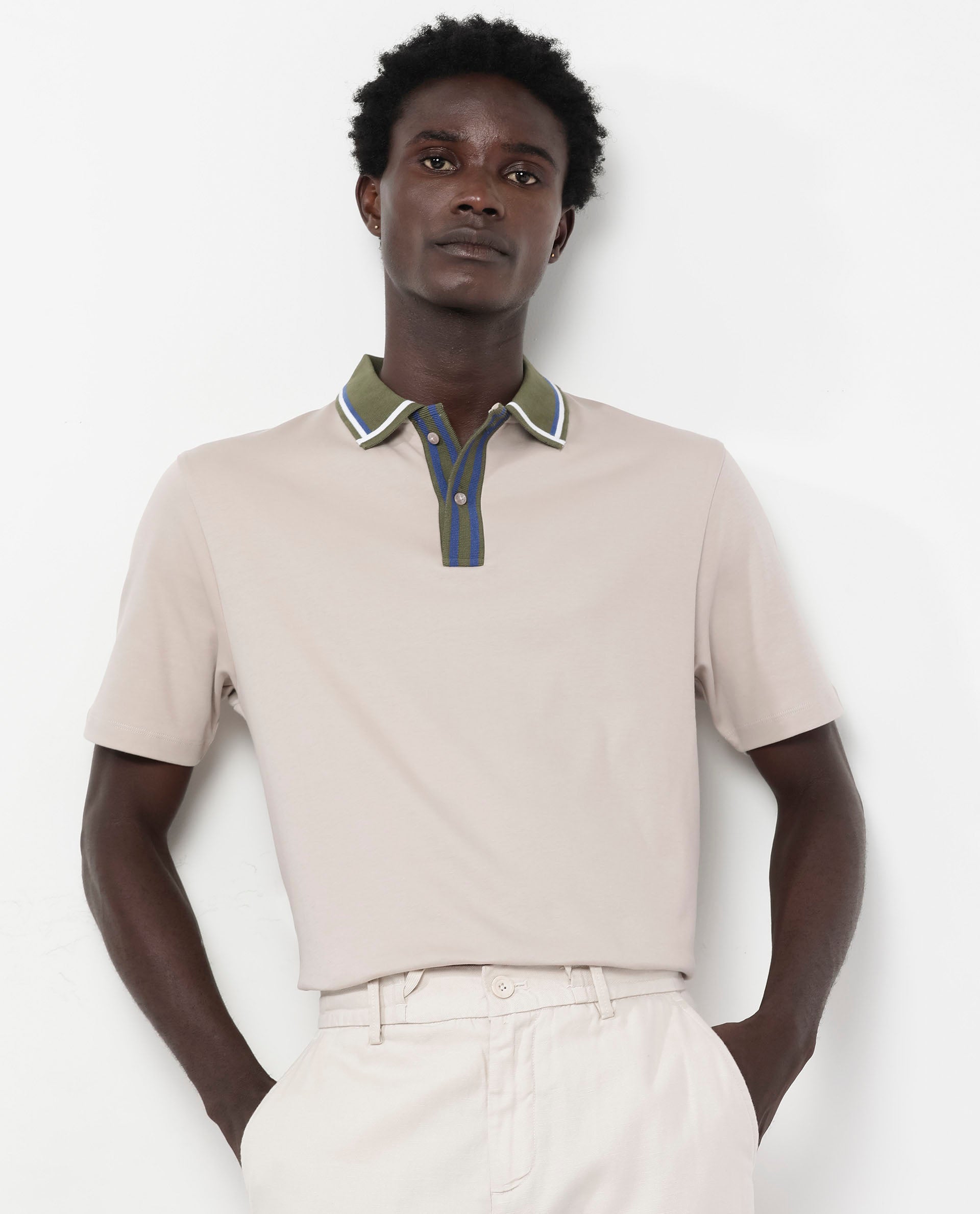 Rare Rabbit Men's Territ Beige Short Sleeve Collared Neck Regular Fit Plain Polo T-Shirt