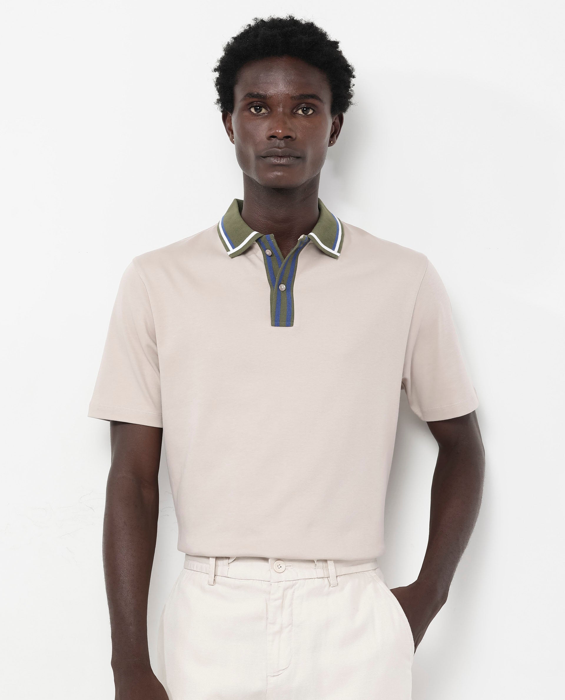 Rare Rabbit Men's Territ Beige Short Sleeve Collared Neck Regular Fit Plain Polo T-Shirt