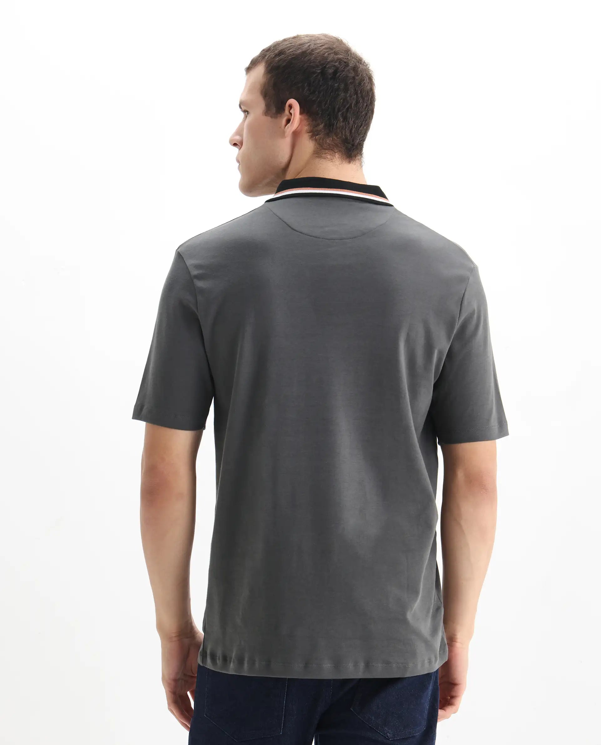 Rare Rabbit Men's Territ Dark Grey Cotton Plain Regular Fit Half Sleeve Polo