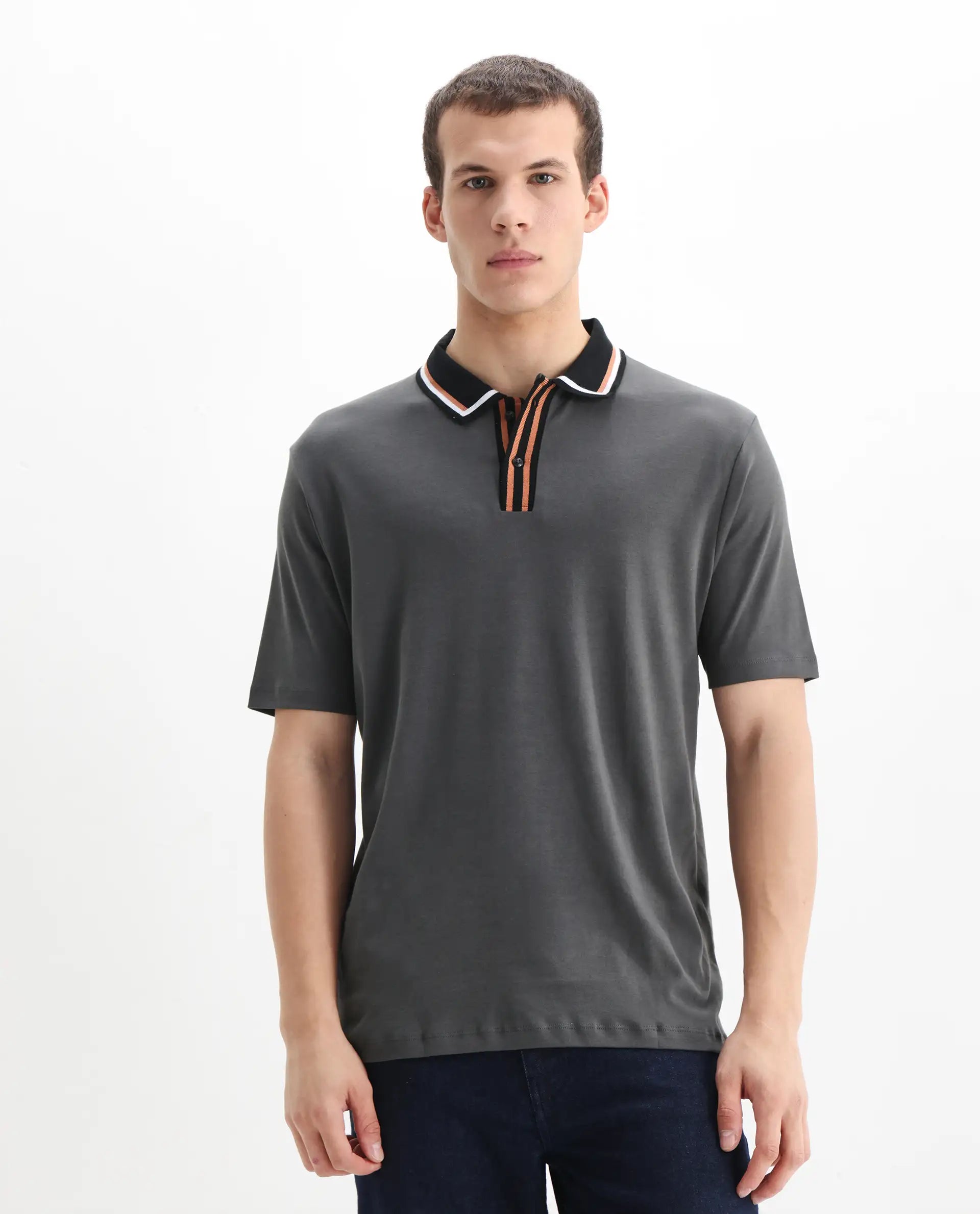 Rare Rabbit Men's Territ Dark Grey Cotton Plain Regular Fit Half Sleeve Polo