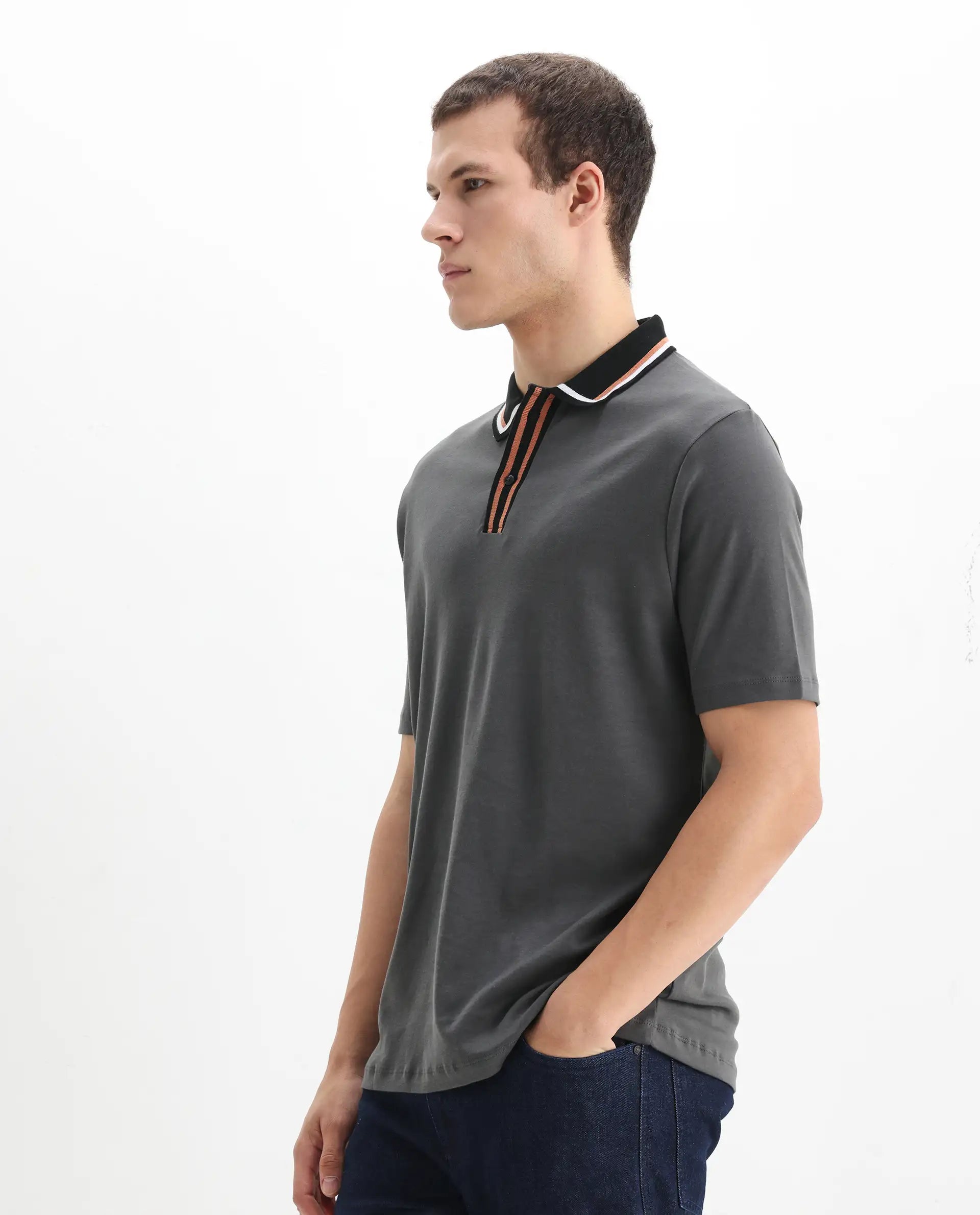 Rare Rabbit Men's Territ Dark Grey Cotton Plain Regular Fit Half Sleeve Polo