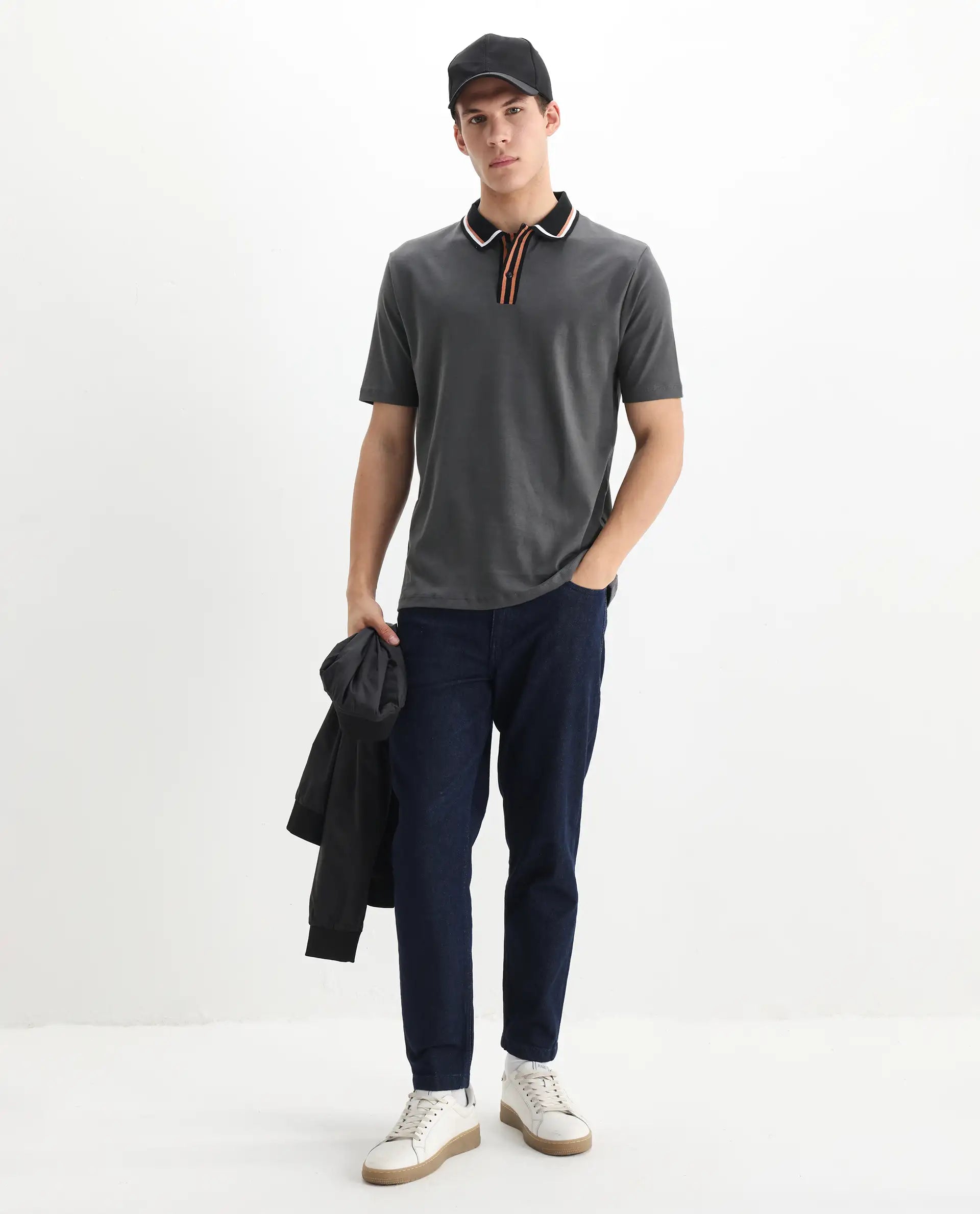 Rare Rabbit Men's Territ Dark Grey Cotton Plain Regular Fit Half Sleeve Polo