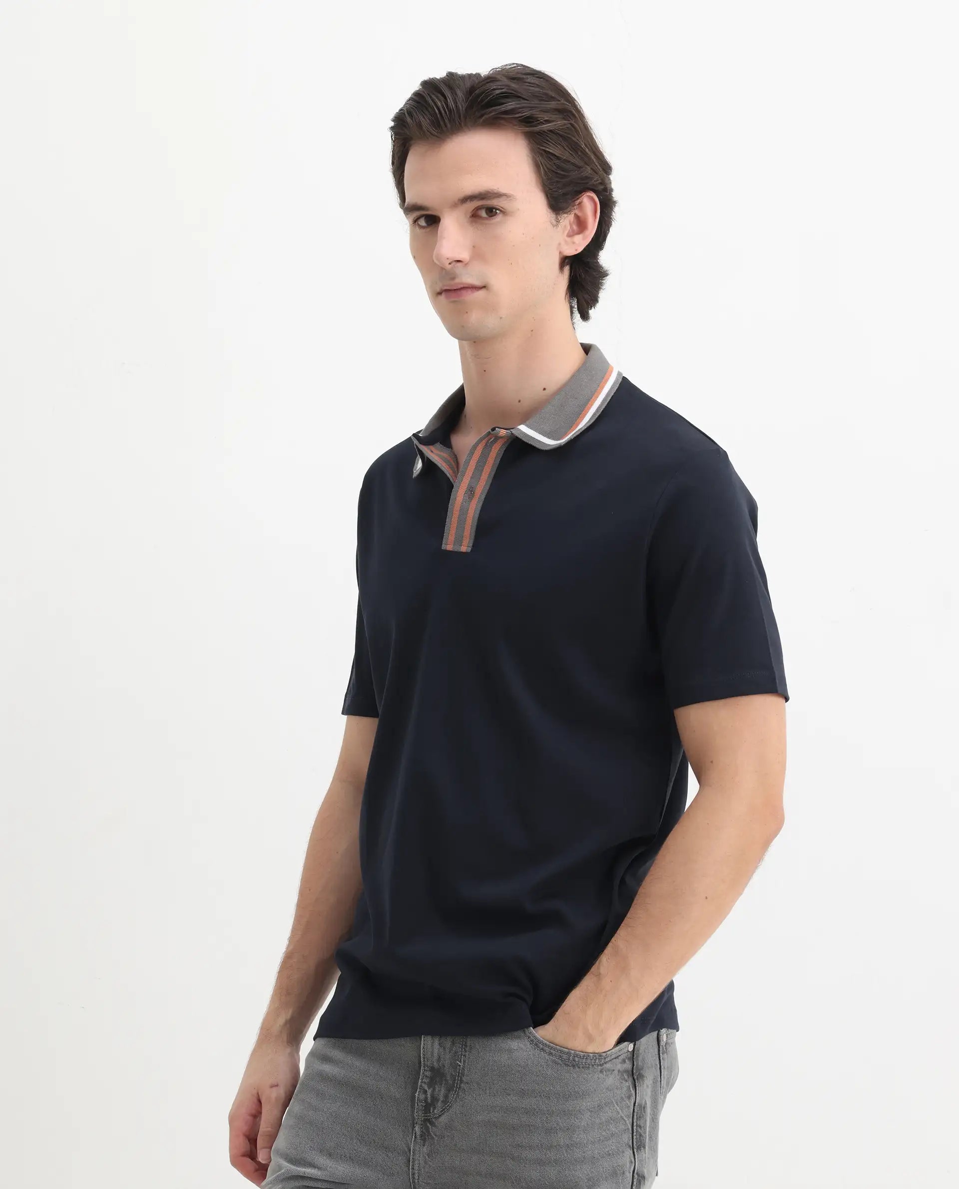 Rare Rabbit Men's Territ Dark Navy Cotton Plain Regular Fit Half Sleeve Polo