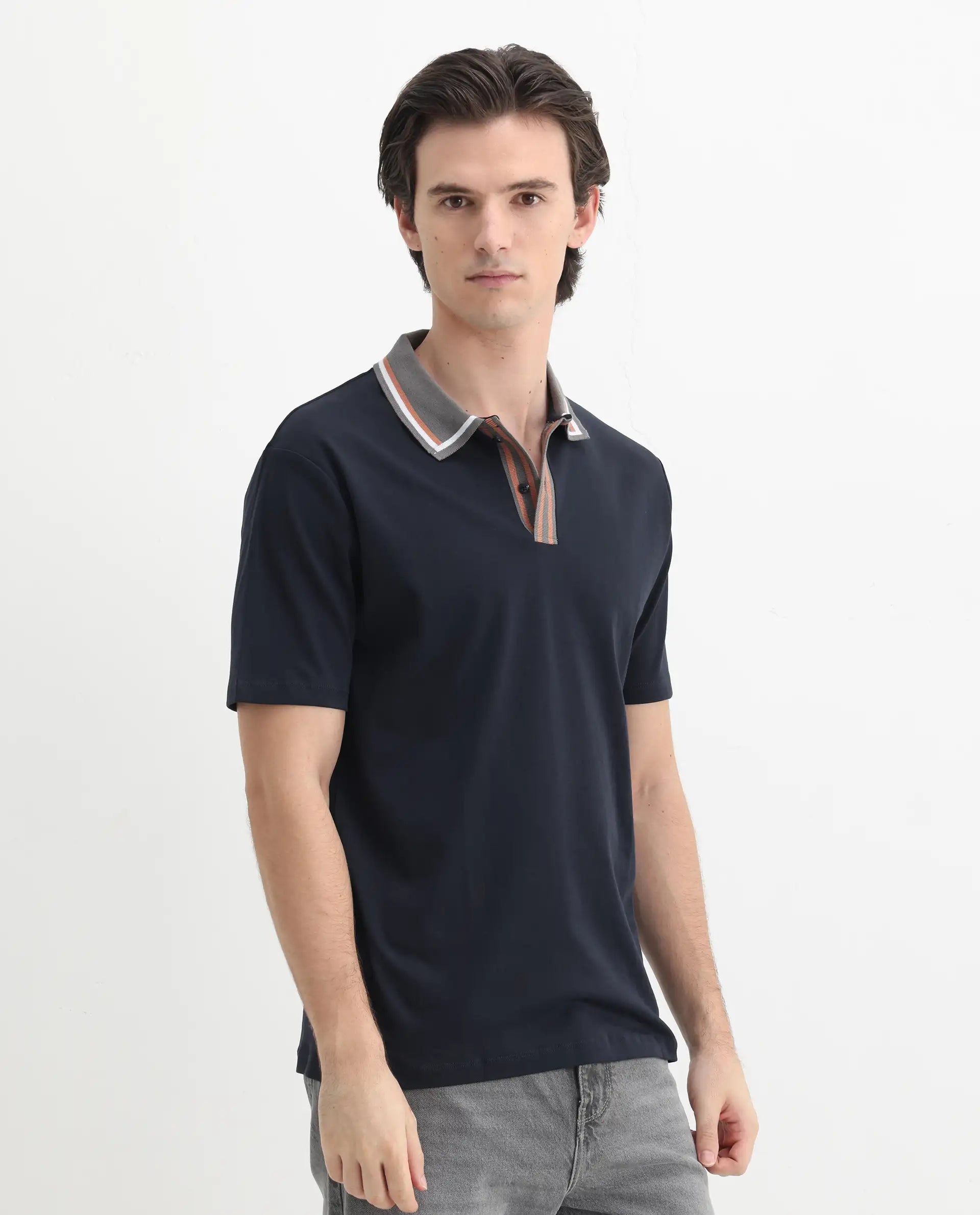Rare Rabbit Men's Territ Dark Navy Cotton Plain Regular Fit Half Sleeve Polo