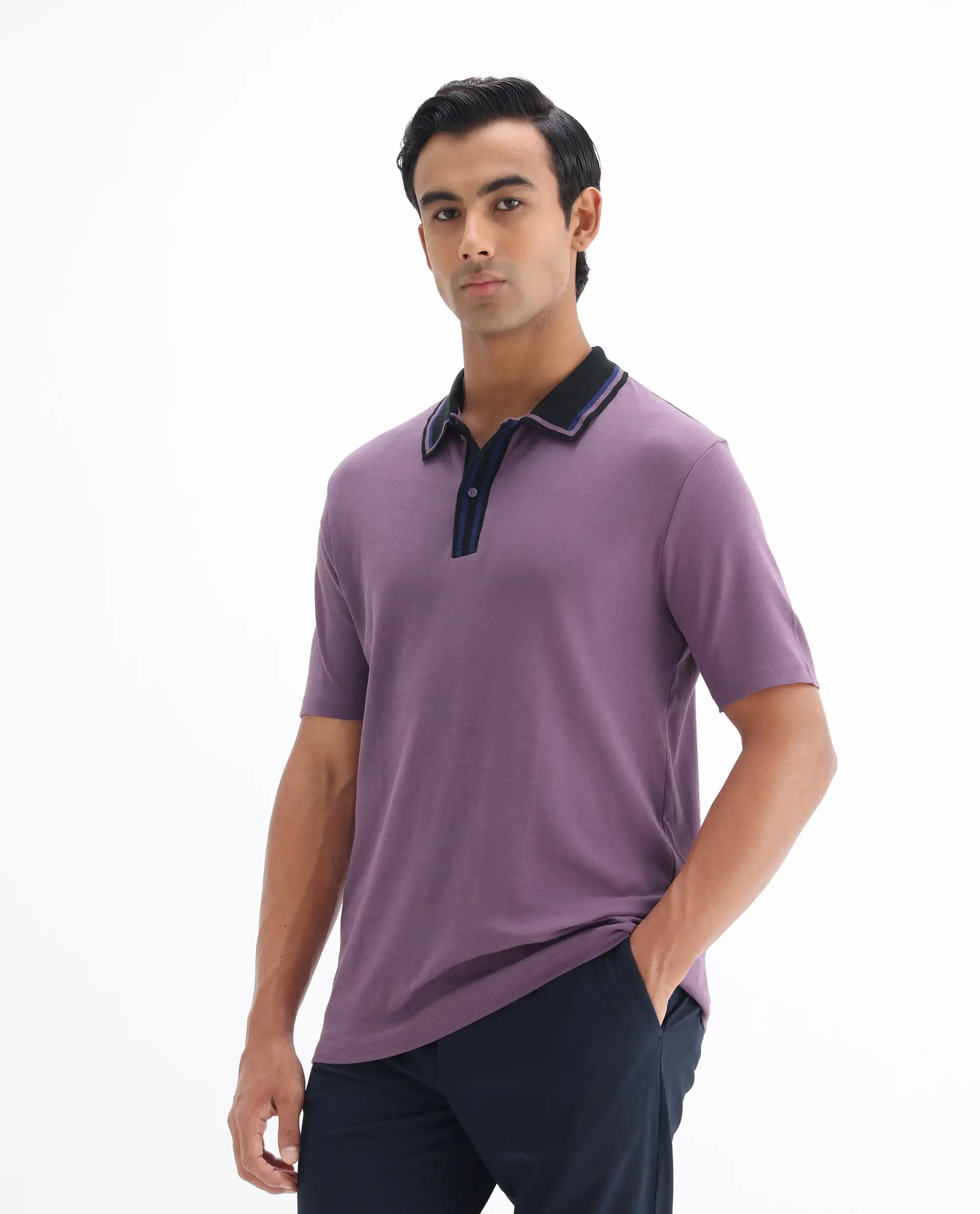 Rare Rabbit Men's Territ Dusky Purple Cotton Plain Regular Fit Half Sleeve Polo