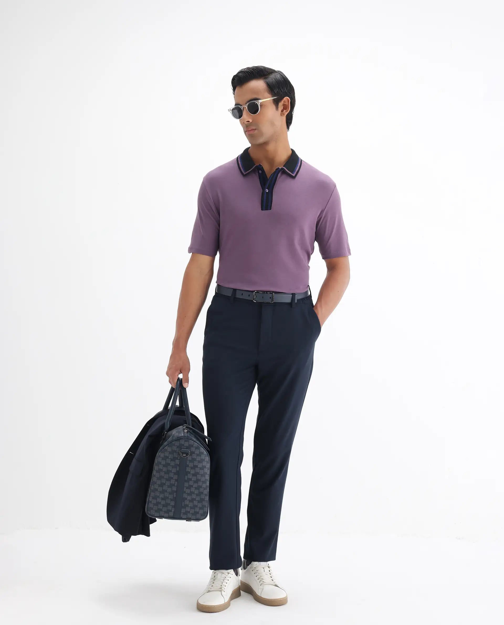 Rare Rabbit Men's Territ Dusky Purple Cotton Plain Regular Fit Half Sleeve Polo