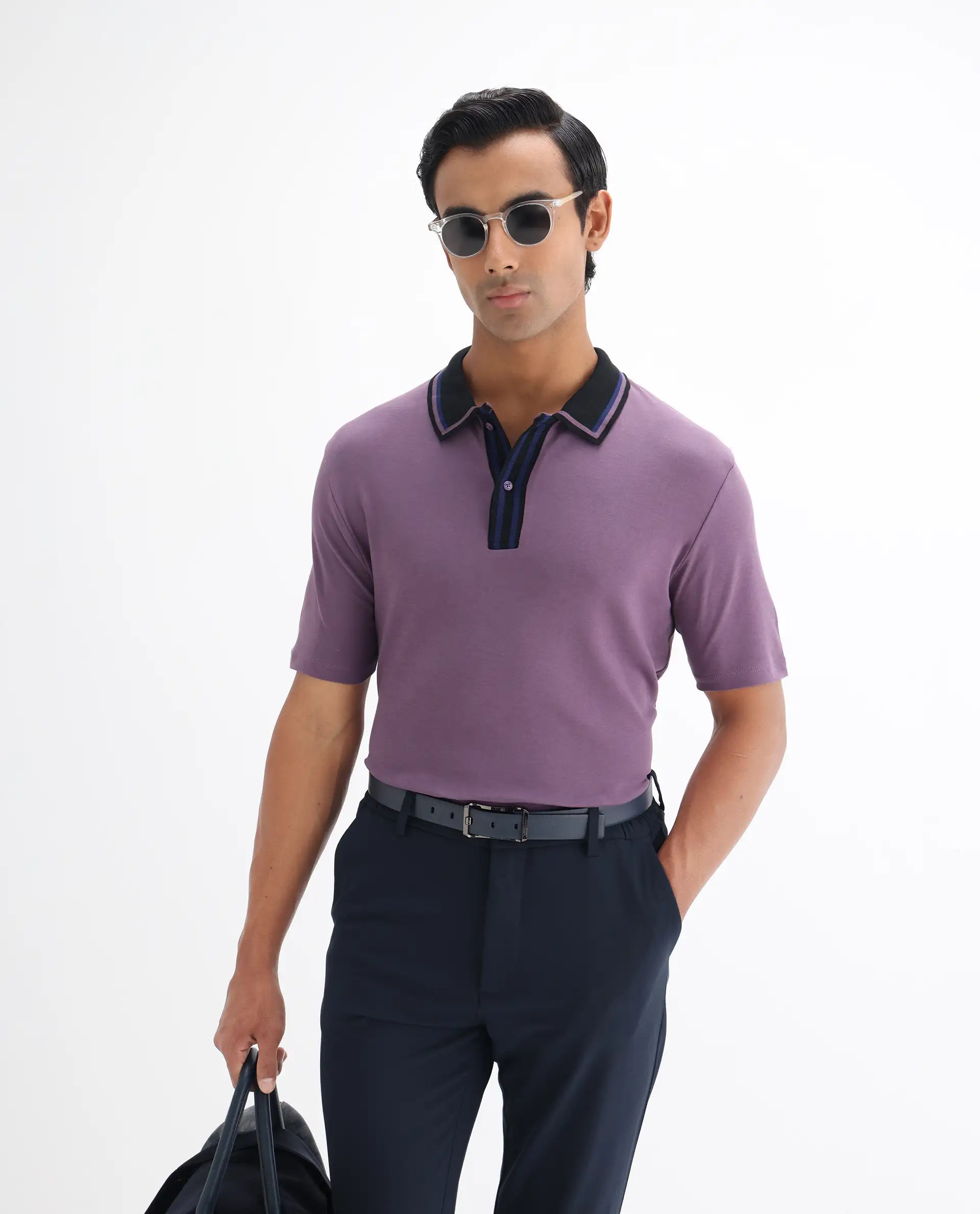 Rare Rabbit Men's Territ Dusky Purple Cotton Plain Regular Fit Half Sleeve Polo