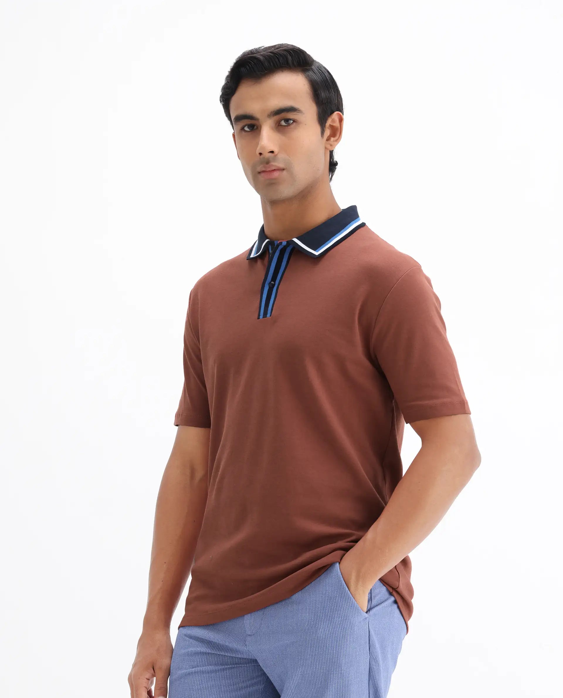 Rare Rabbit Men's Territ Light Rust Cotton Plain Regular Fit Half Sleeve Polo