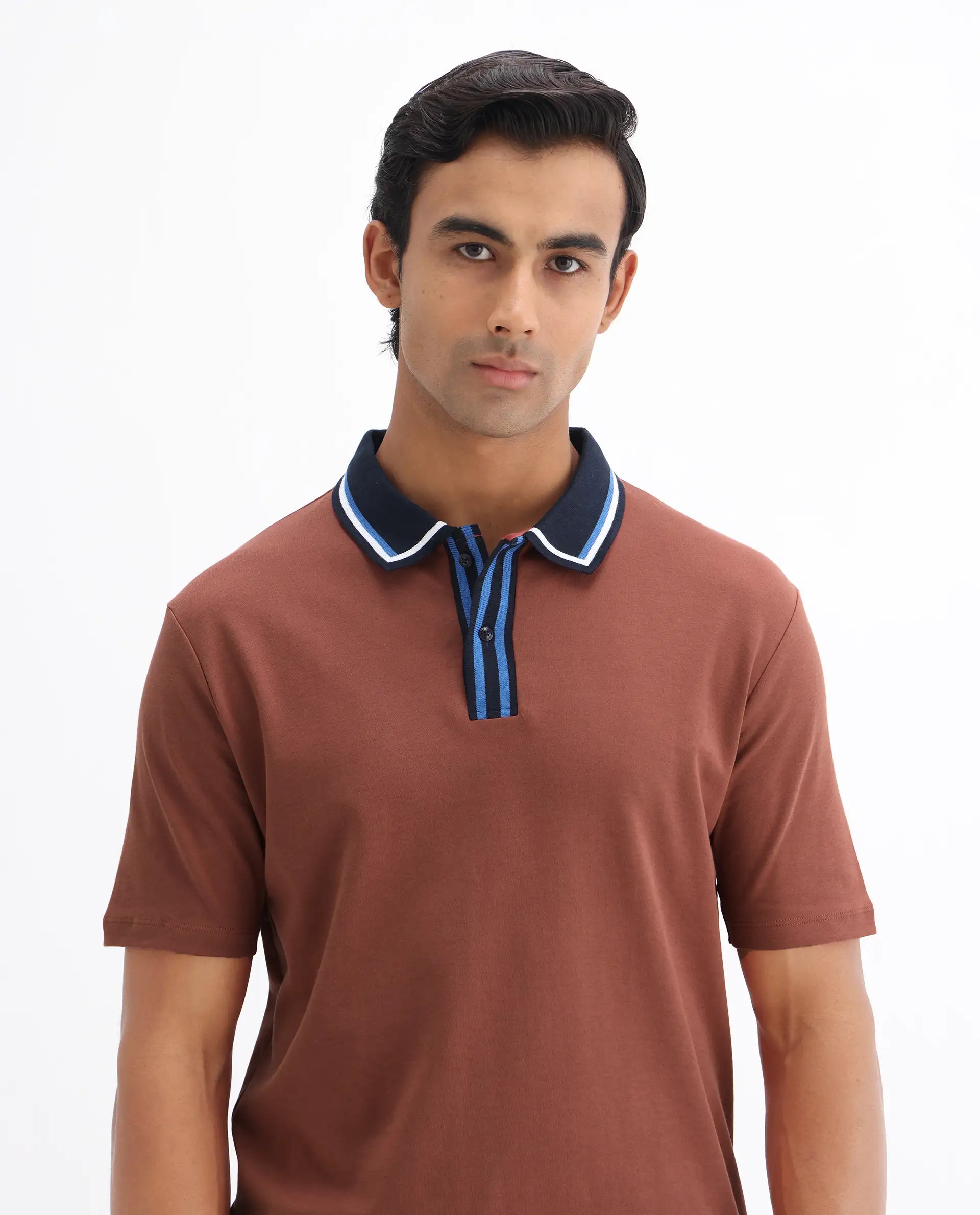 Rare Rabbit Men's Territ Light Rust Cotton Plain Regular Fit Half Sleeve Polo
