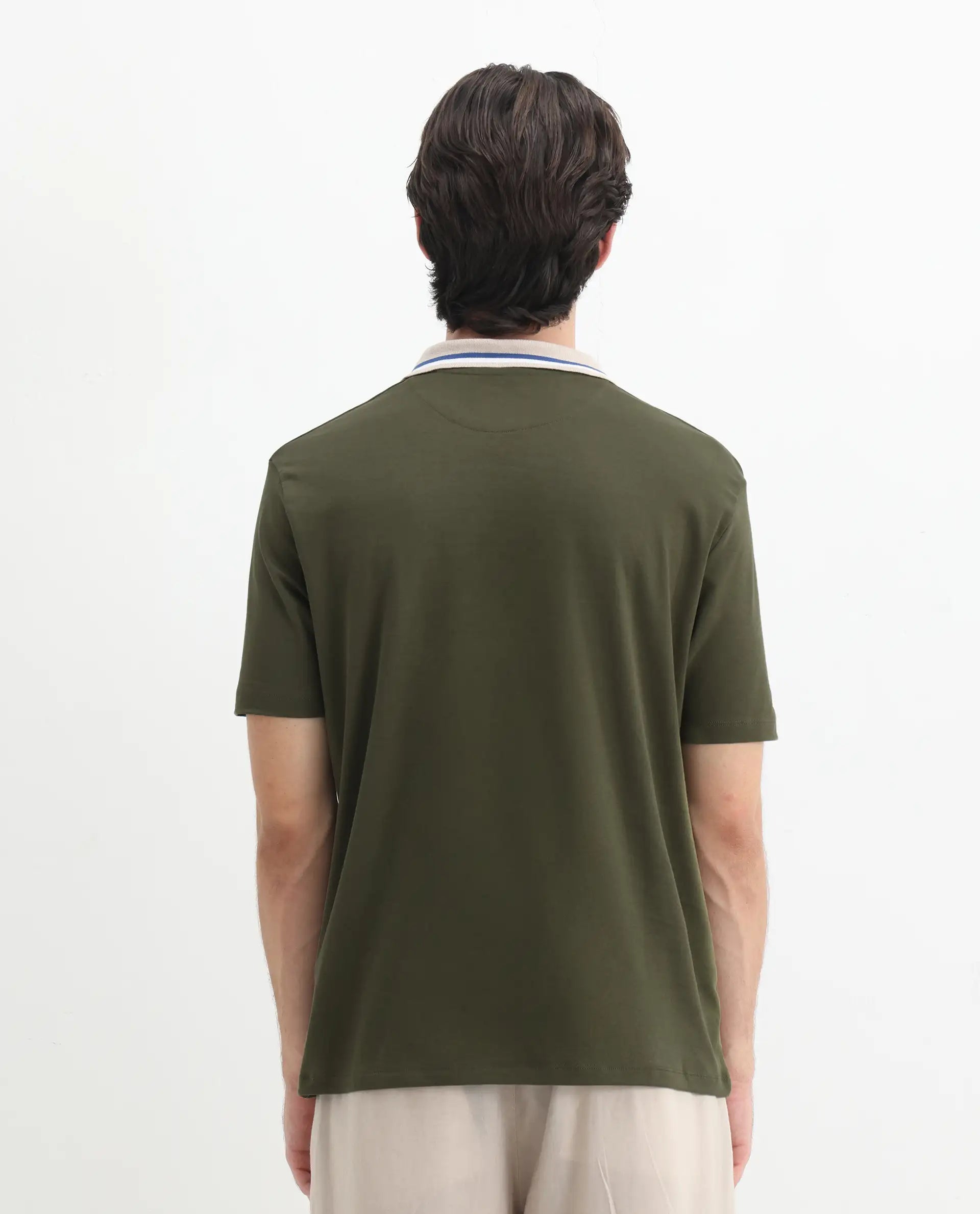 Rare Rabbit Men's Territ Olive Cotton Plain Regular Fit Half Sleeve Polo