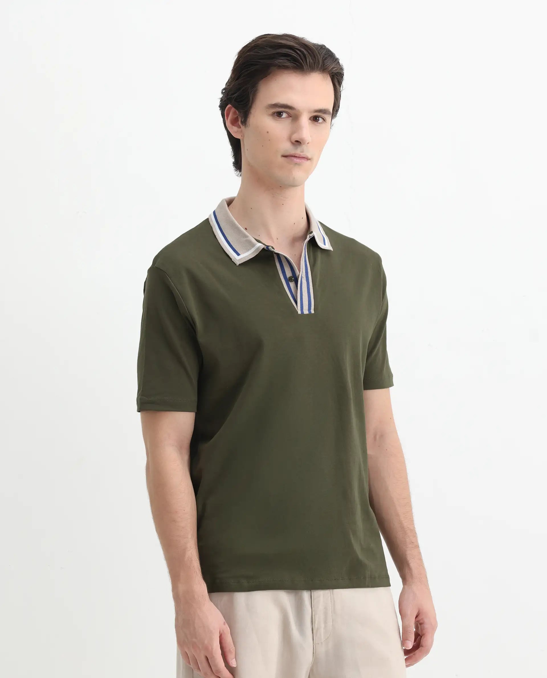 Rare Rabbit Men's Territ Olive Cotton Plain Regular Fit Half Sleeve Polo