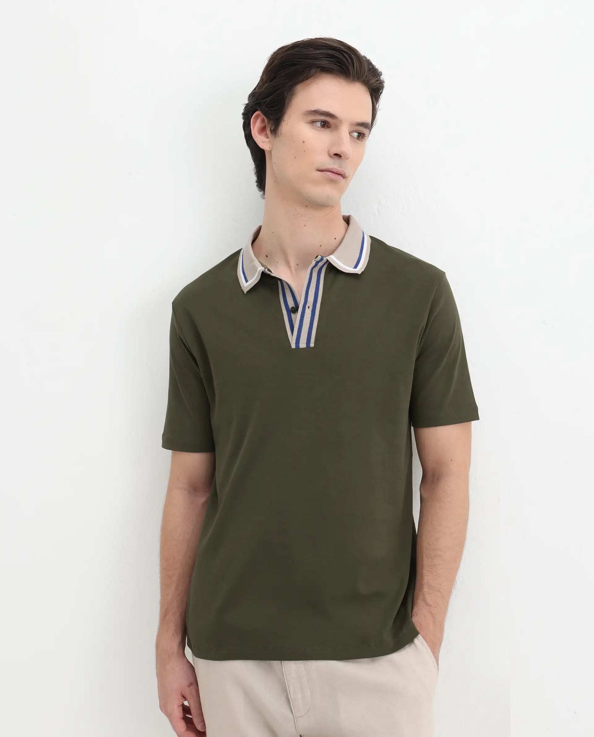 Rare Rabbit Men's Territ Olive Cotton Plain Regular Fit Half Sleeve Polo