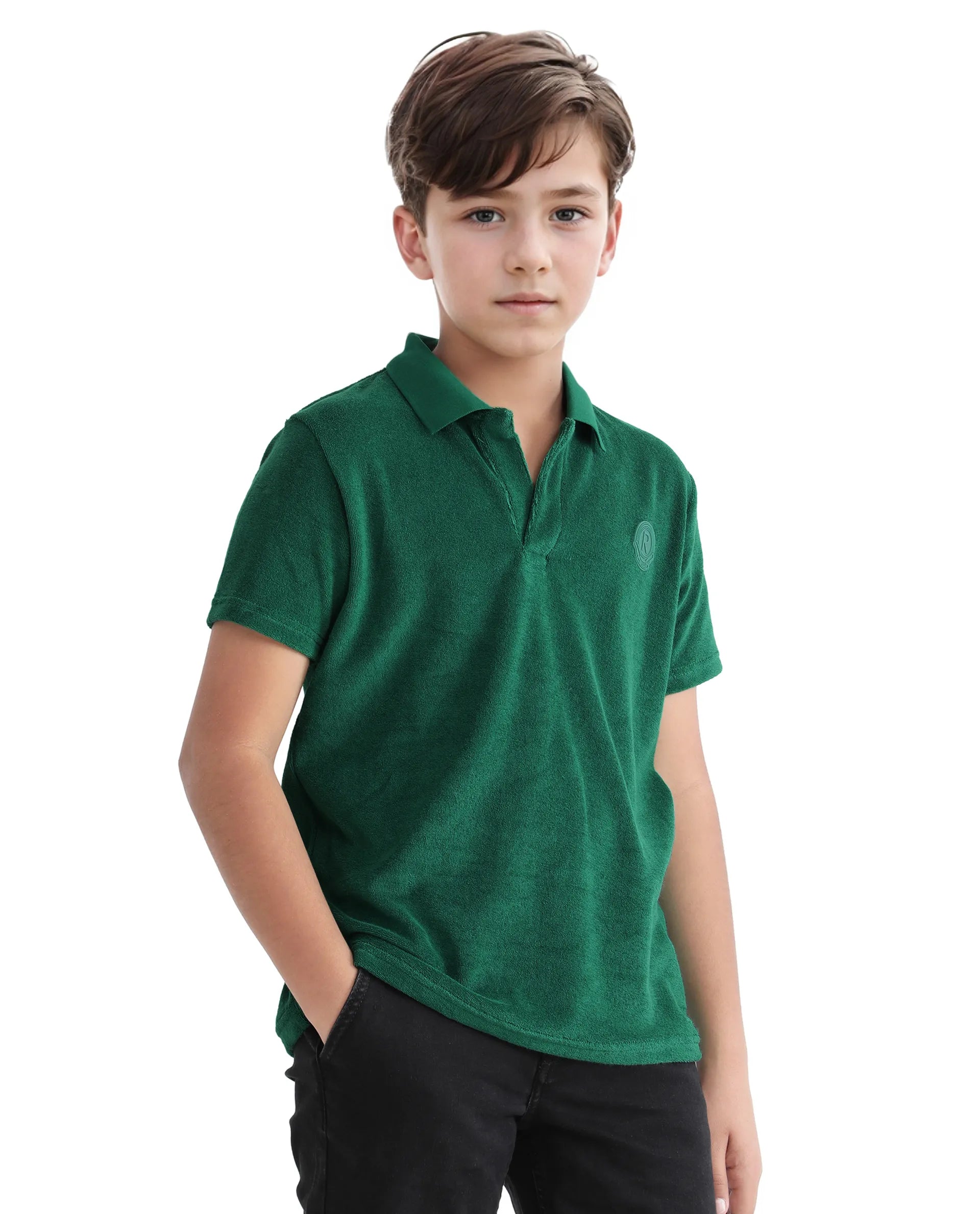 Rare Ones Kids Terry Green Cotton Poly Short Sleeve Applique Polo