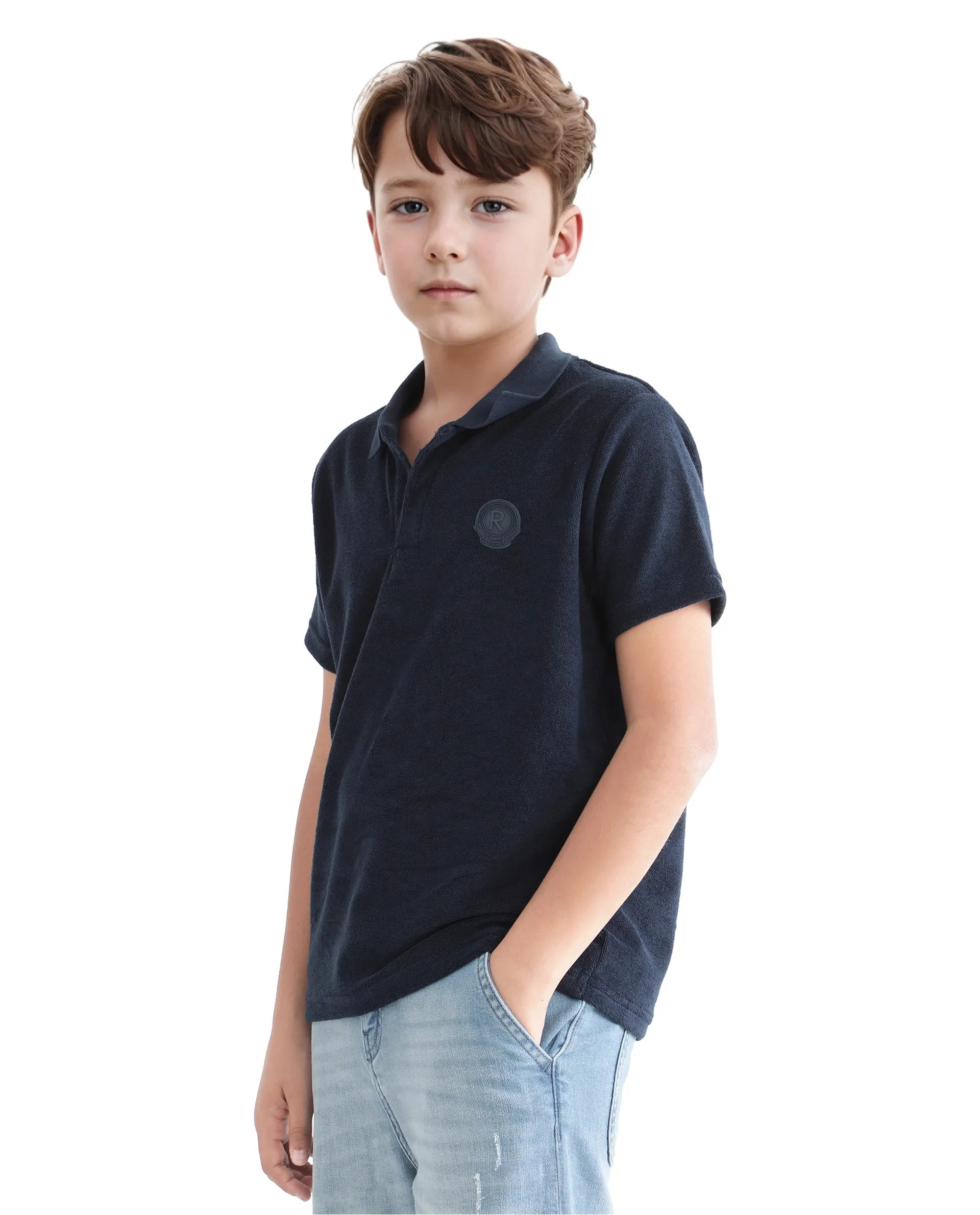 Rare Ones Kids Terry Navy Cotton Poly Short Sleeve Polo Neck Applique Polo