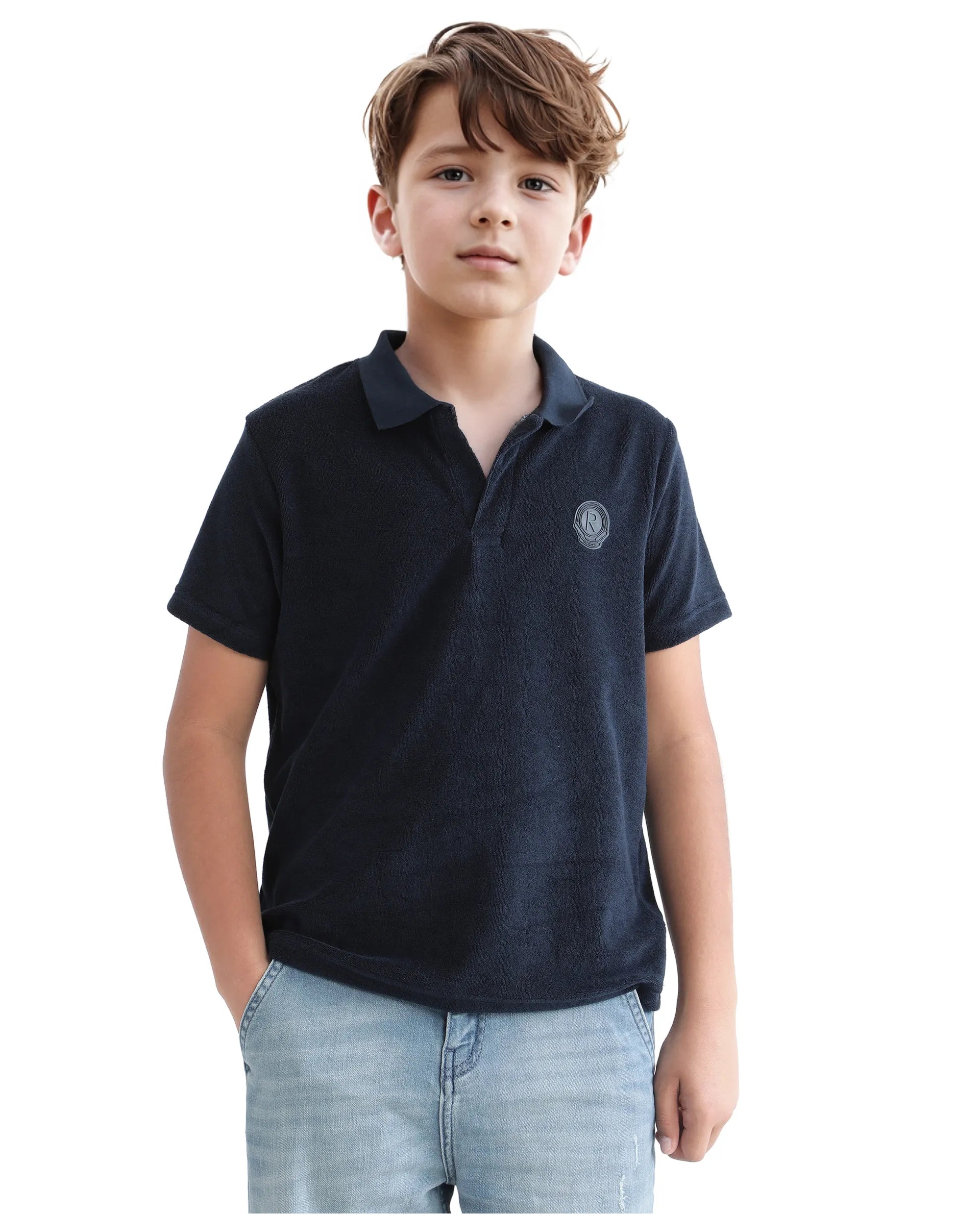 Rare Ones Kids Terry Navy Cotton Poly Short Sleeve Polo Neck Applique Polo