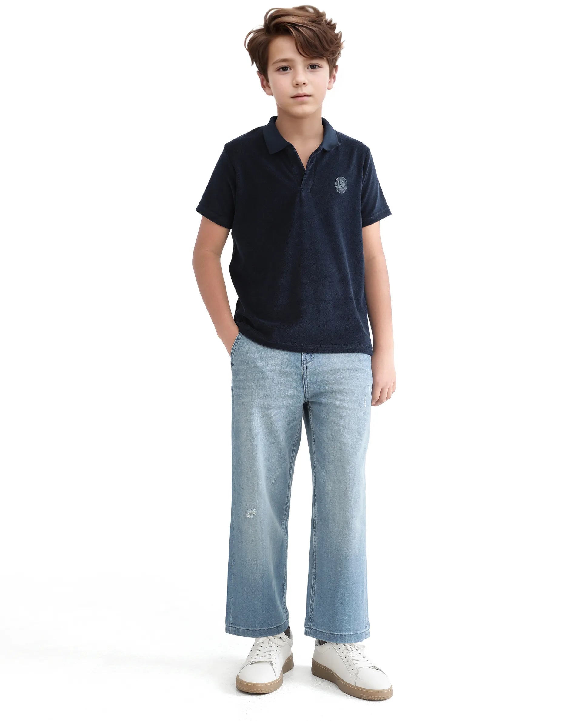 Rare Ones Kids Terry Navy Cotton Poly Short Sleeve Polo Neck Applique Polo