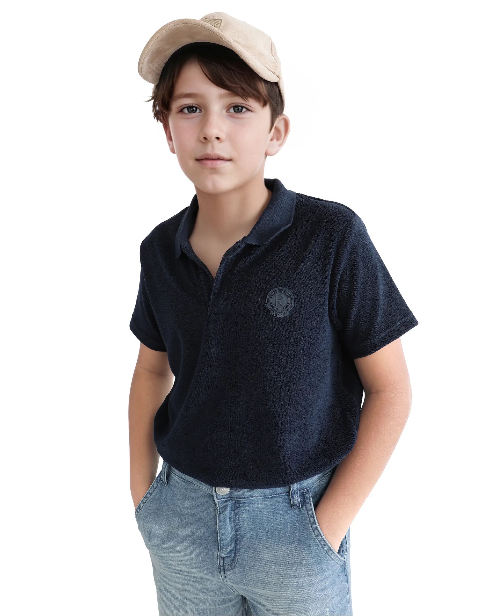 Rare Ones Kids Terry Navy Cotton Poly Short Sleeve Polo Neck Applique Polo