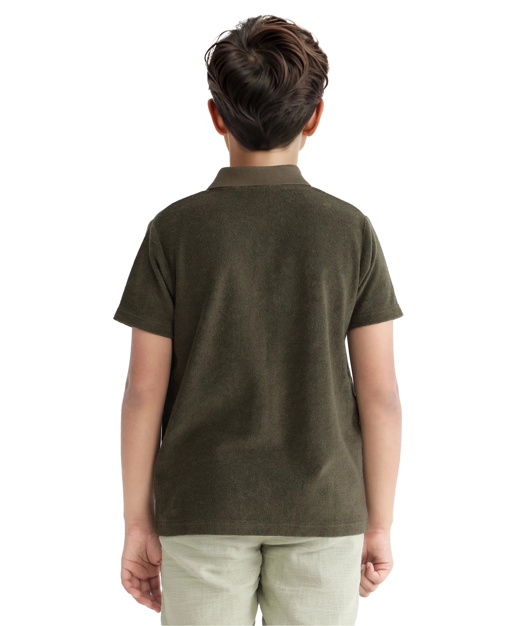 Rare Ones Kids Terry Olive Cotton Poly Short Sleeve Polo Neck Applique Polo