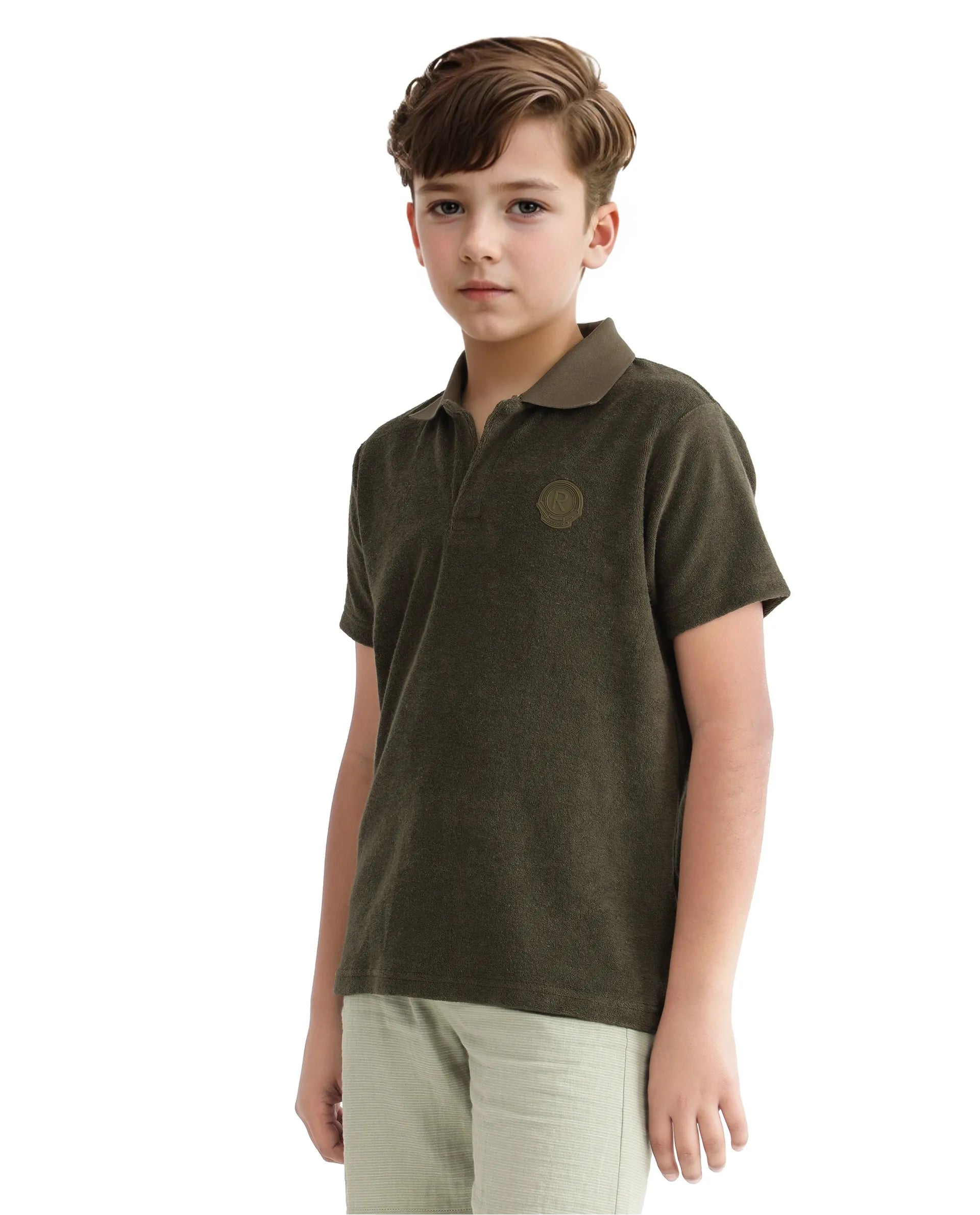 Rare Ones Kids Terry Olive Cotton Poly Short Sleeve Polo Neck Applique Polo