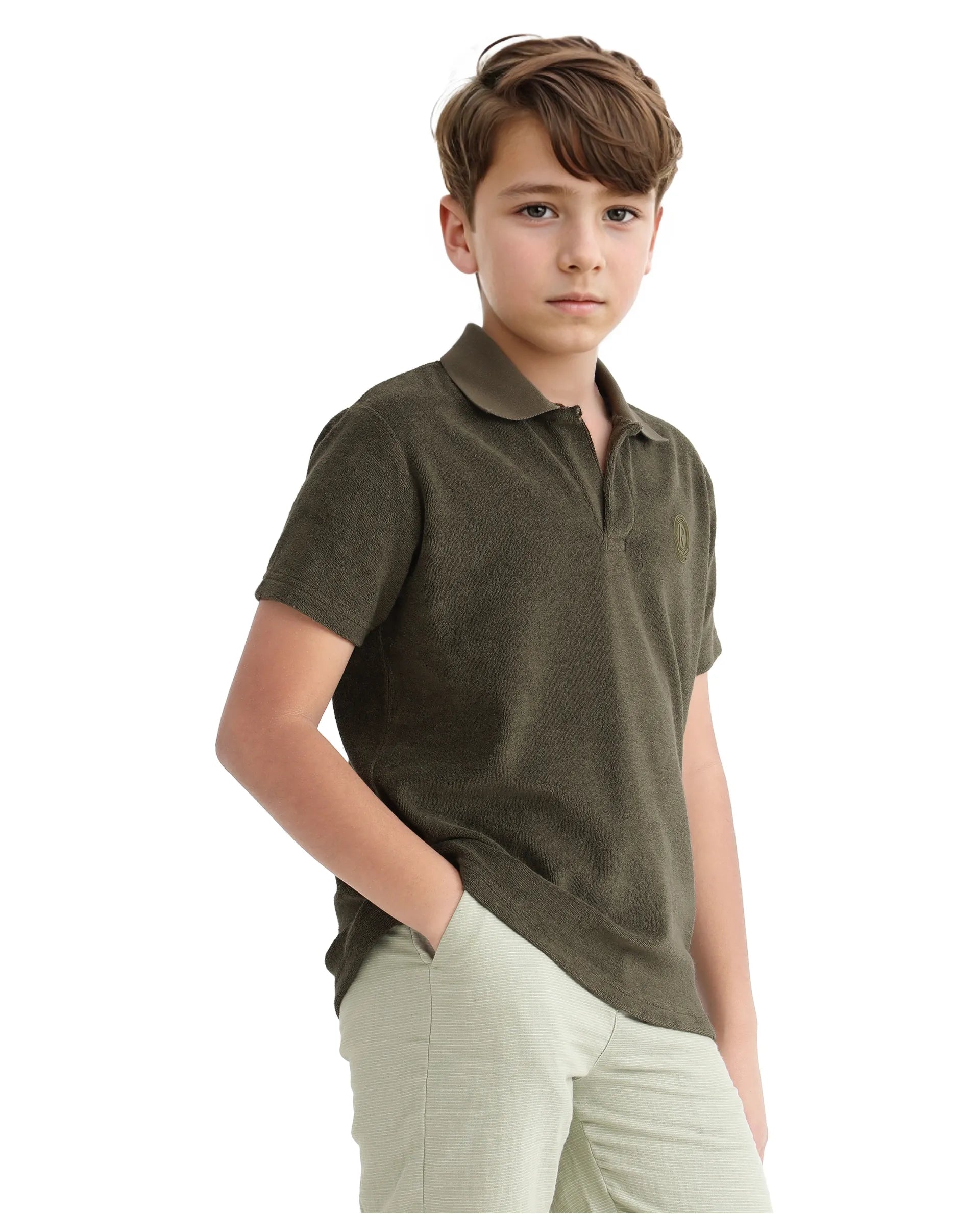 Rare Ones Kids Terry Olive Cotton Poly Short Sleeve Polo Neck Applique Polo
