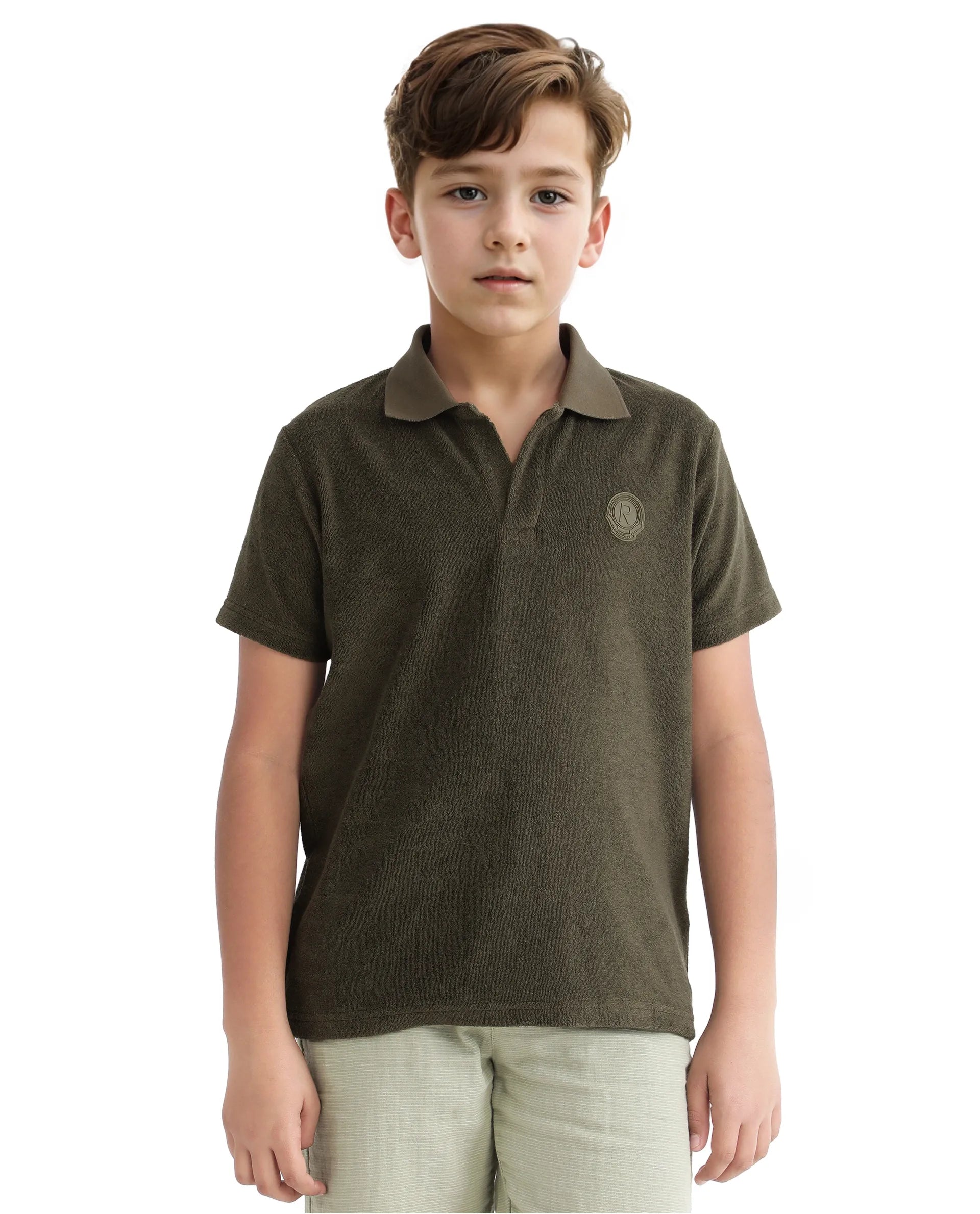 Rare Ones Kids Terry Olive Cotton Poly Short Sleeve Polo Neck Applique Polo