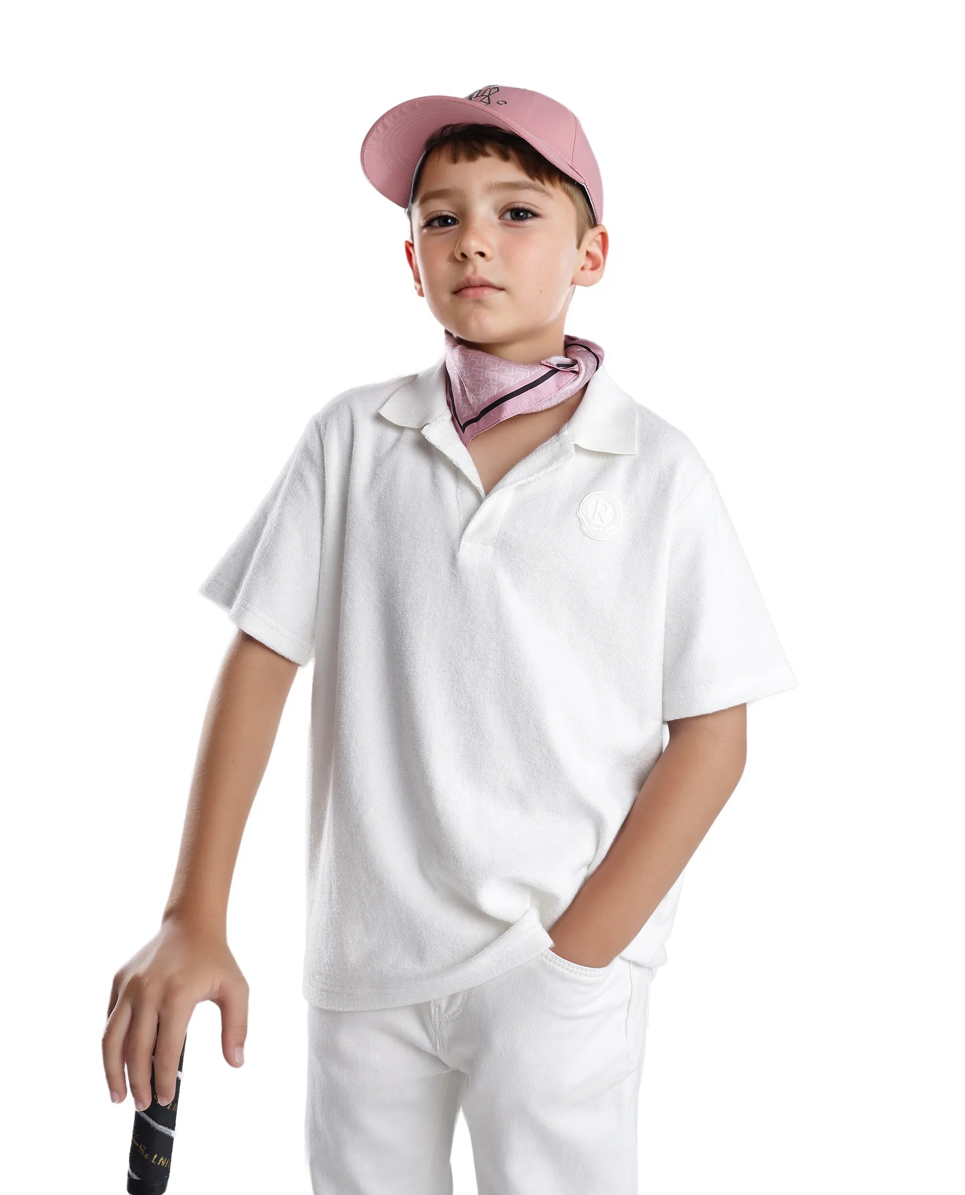 Rare Ones Kids Terry White Cotton Poly Short Sleeve Applique Polo