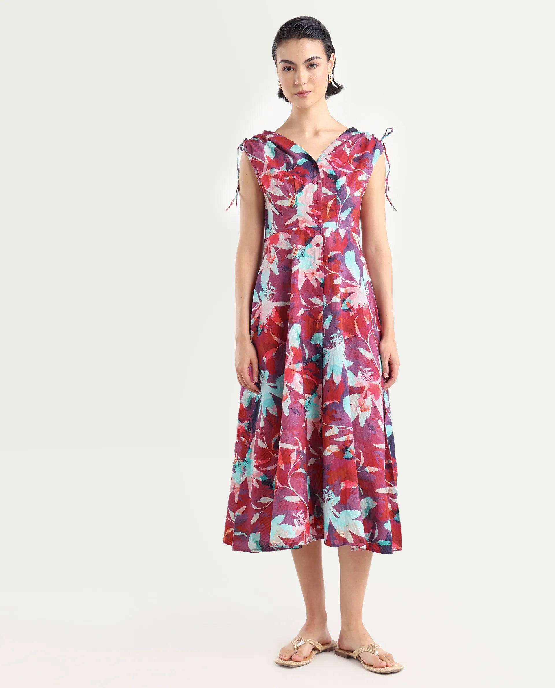 Rareism Women's Terumi Dark Multi Cotton Blend V-Neck Floral Print Sleeveless Midi Regular Fit Dress