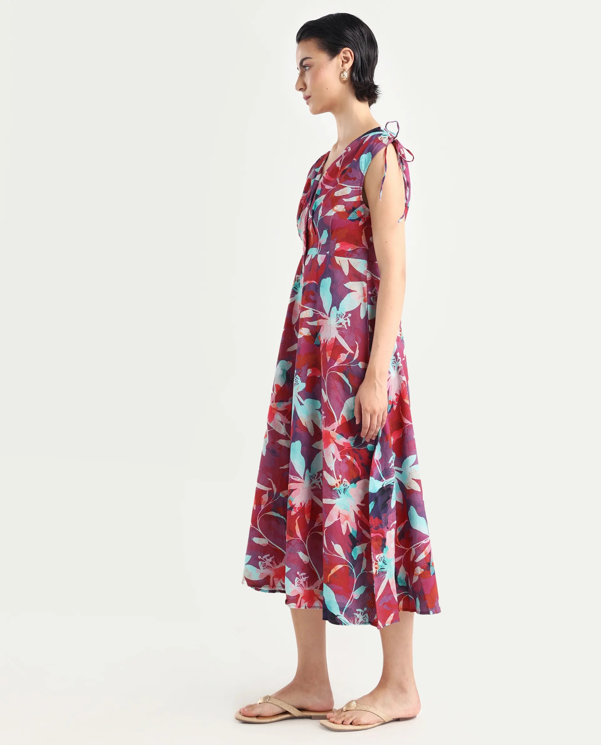 Rareism Women's Terumi Dark Multi Cotton Blend V-Neck Floral Print Sleeveless Midi Regular Fit Dress