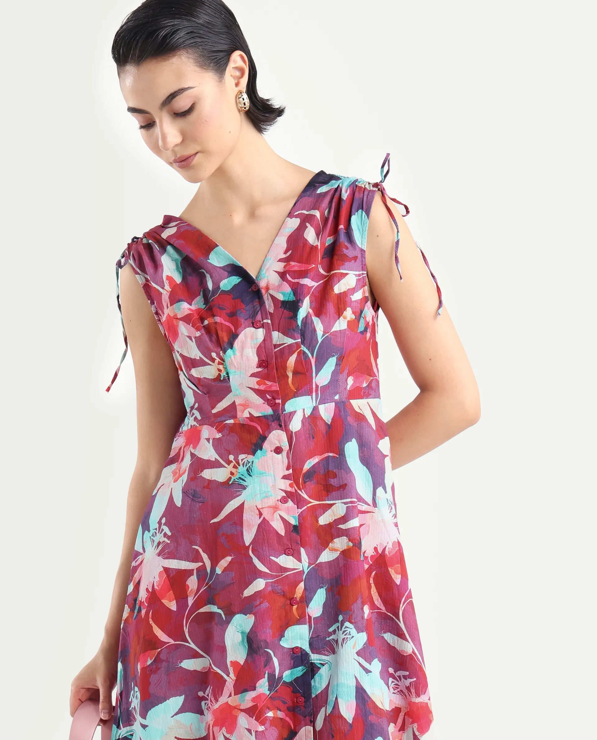 Rareism Women's Terumi Dark Multi Cotton Blend V-Neck Floral Print Sleeveless Midi Regular Fit Dress