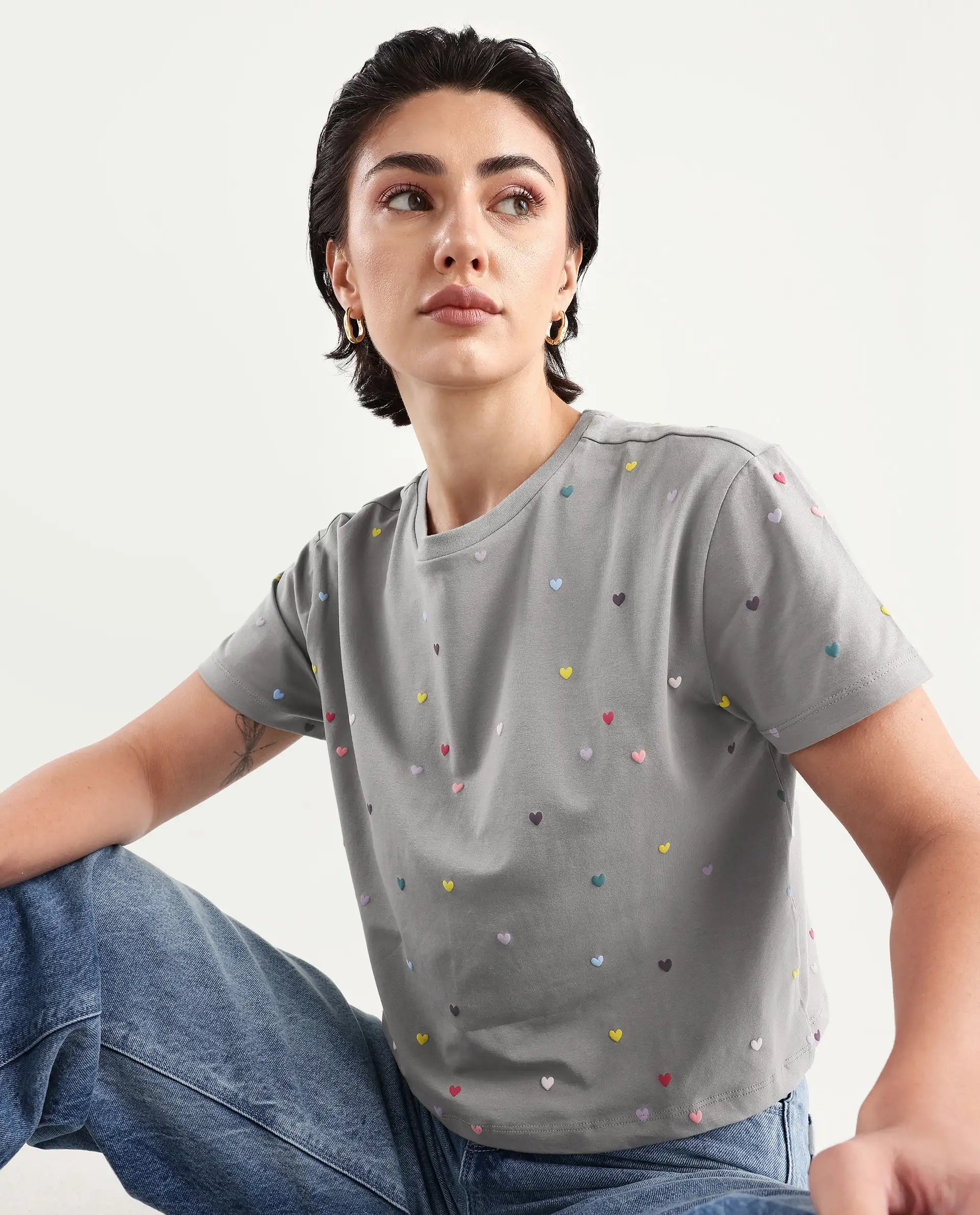 Rareism Women's Tesav Dark Grey Cotton Blend Crew Neck Object Print Crop Relaxed Fit T-Shirt