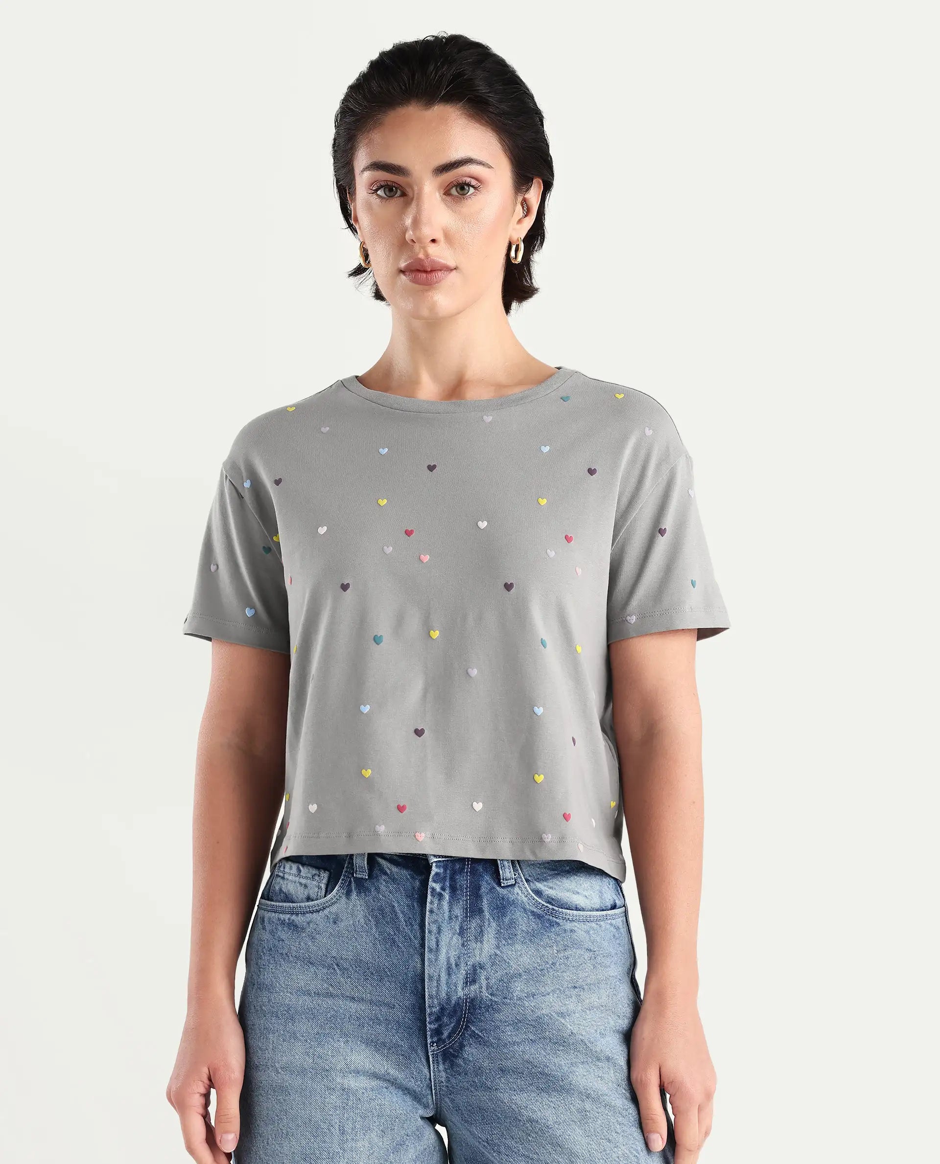 Rareism Women's Tesav Dark Grey Cotton Blend Crew Neck Object Print Crop Relaxed Fit T-Shirt