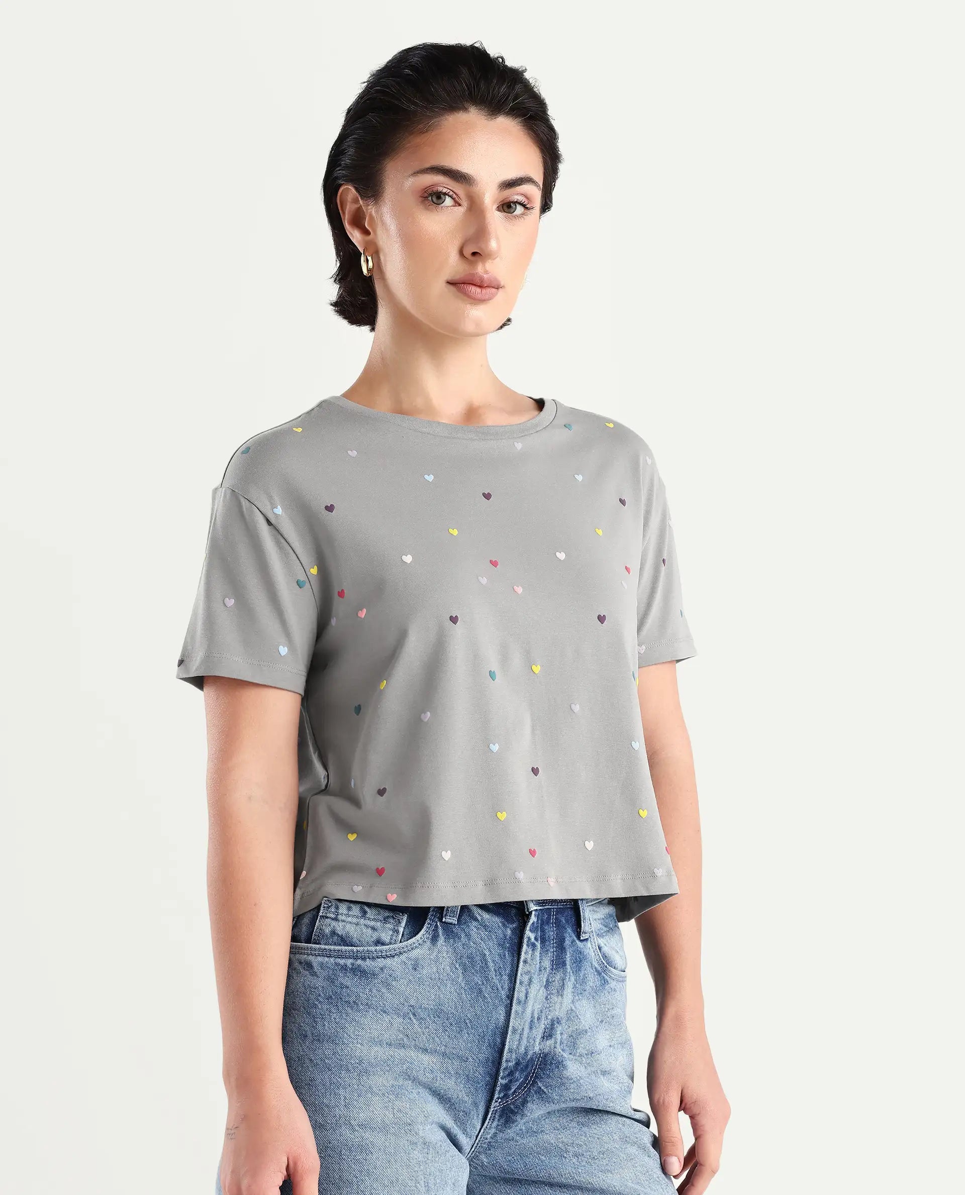 Rareism Women's Tesav Dark Grey Cotton Blend Crew Neck Object Print Crop Relaxed Fit T-Shirt