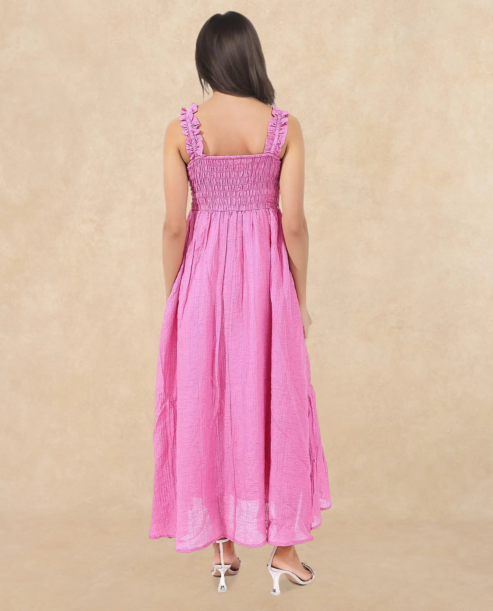 Rareism Women Tesi Flouroscent Pink Rayon Nylon Fabric Noodle Strap Solid Longline Dress