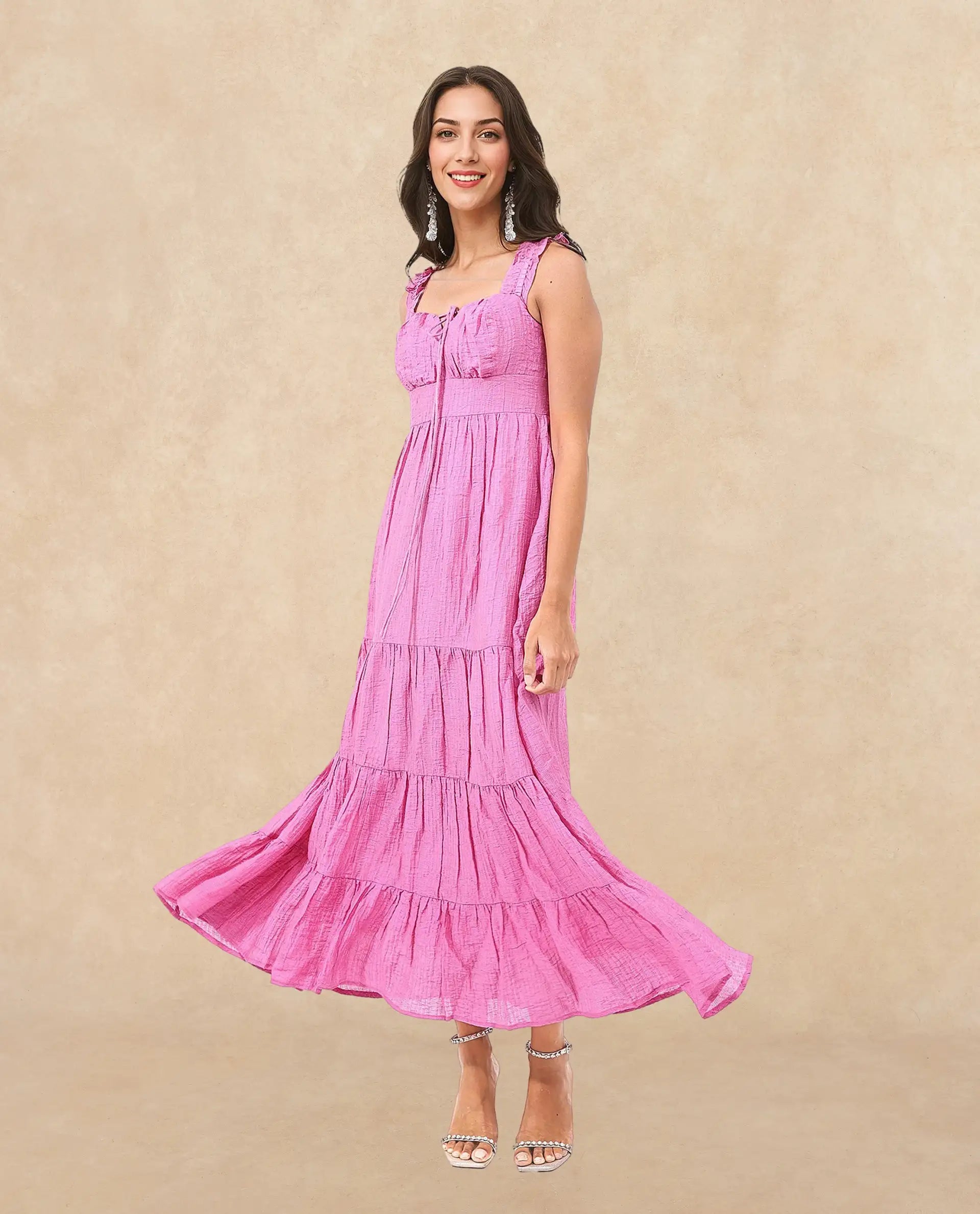 Rareism Women Tesi Flouroscent Pink Rayon Nylon Fabric Noodle Strap Solid Longline Dress