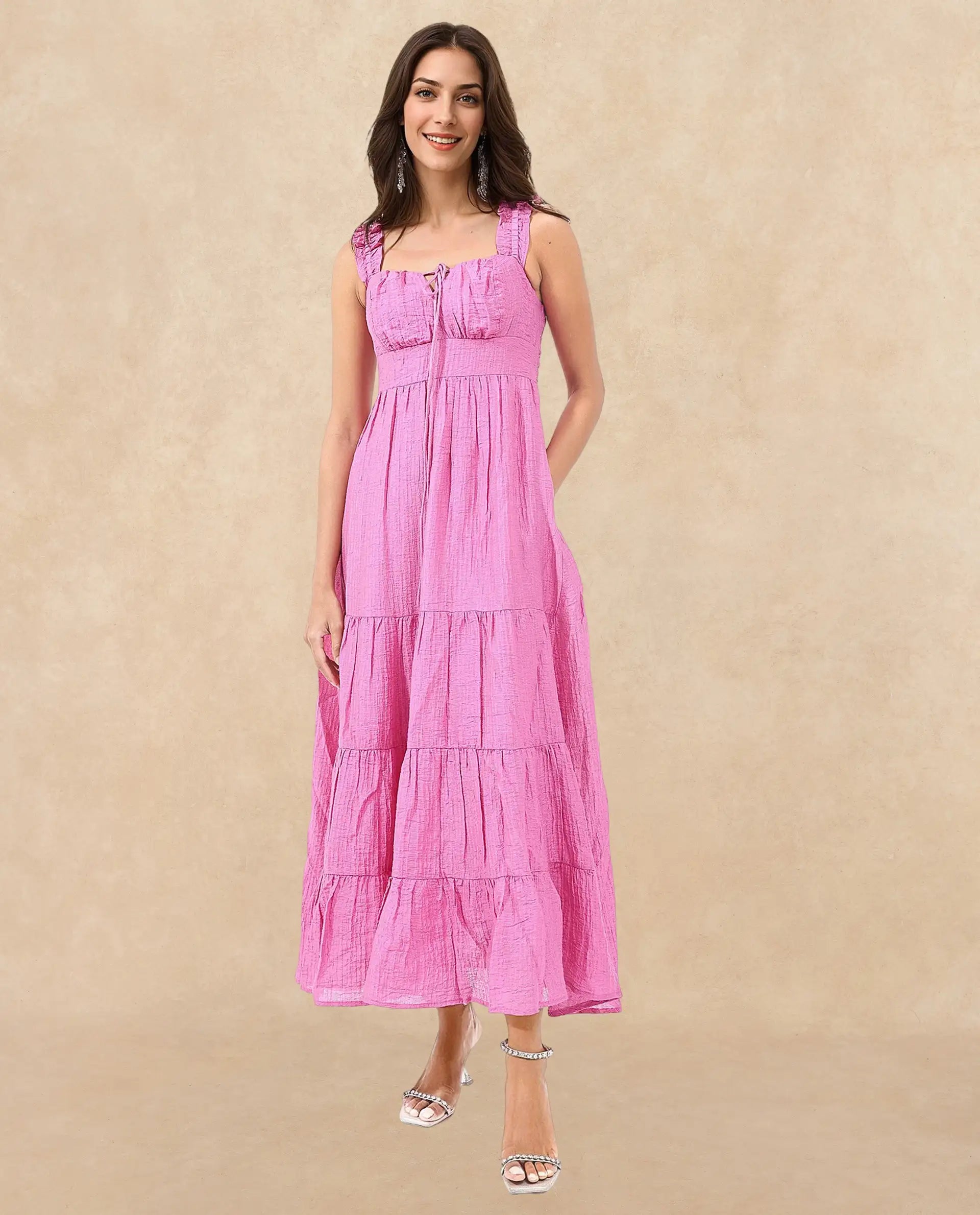 Rareism Women's Tesi Flouroscent Pink Nylon Blend Square Neck Plain Shoulder Strap Midi Fit And Flare Dress