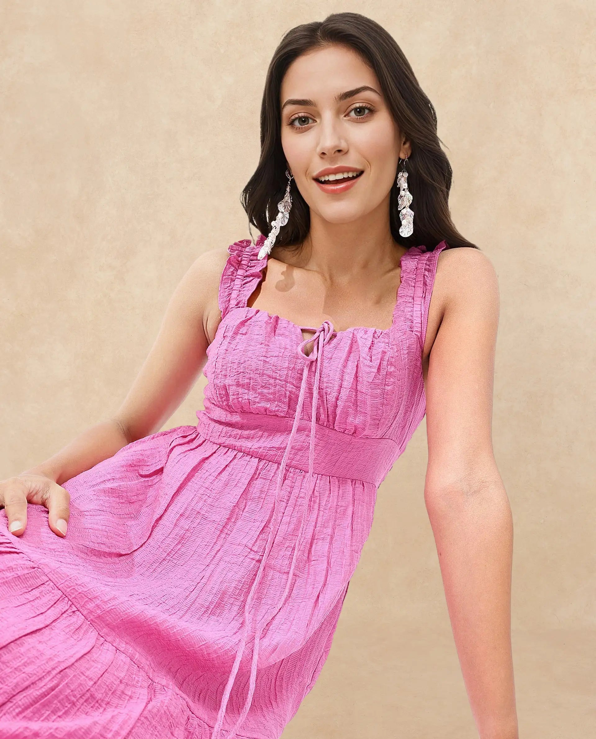 Rareism Women Tesi Flouroscent Pink Rayon Nylon Fabric Noodle Strap Solid Longline Dress