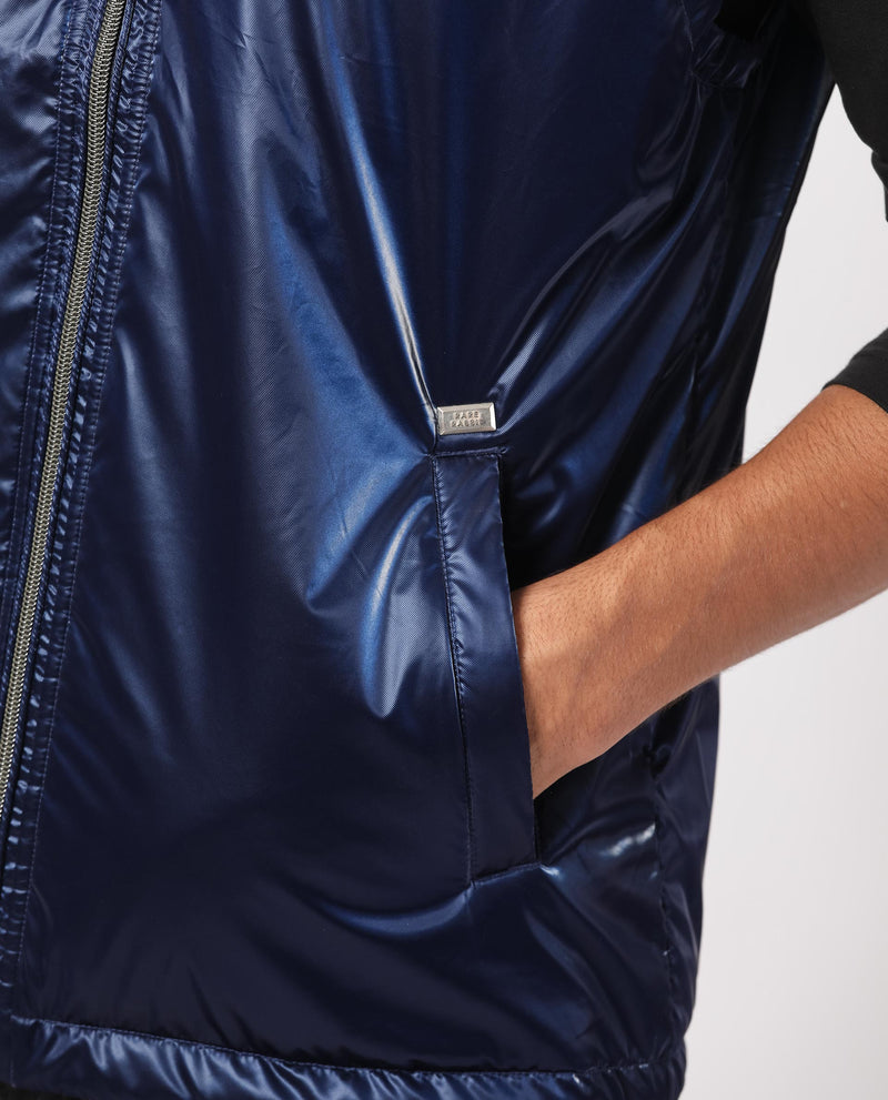 Rare Rabbit Men's Taxco Navy Plain Two-Tone Reversible Metallic Puffer Jacket
