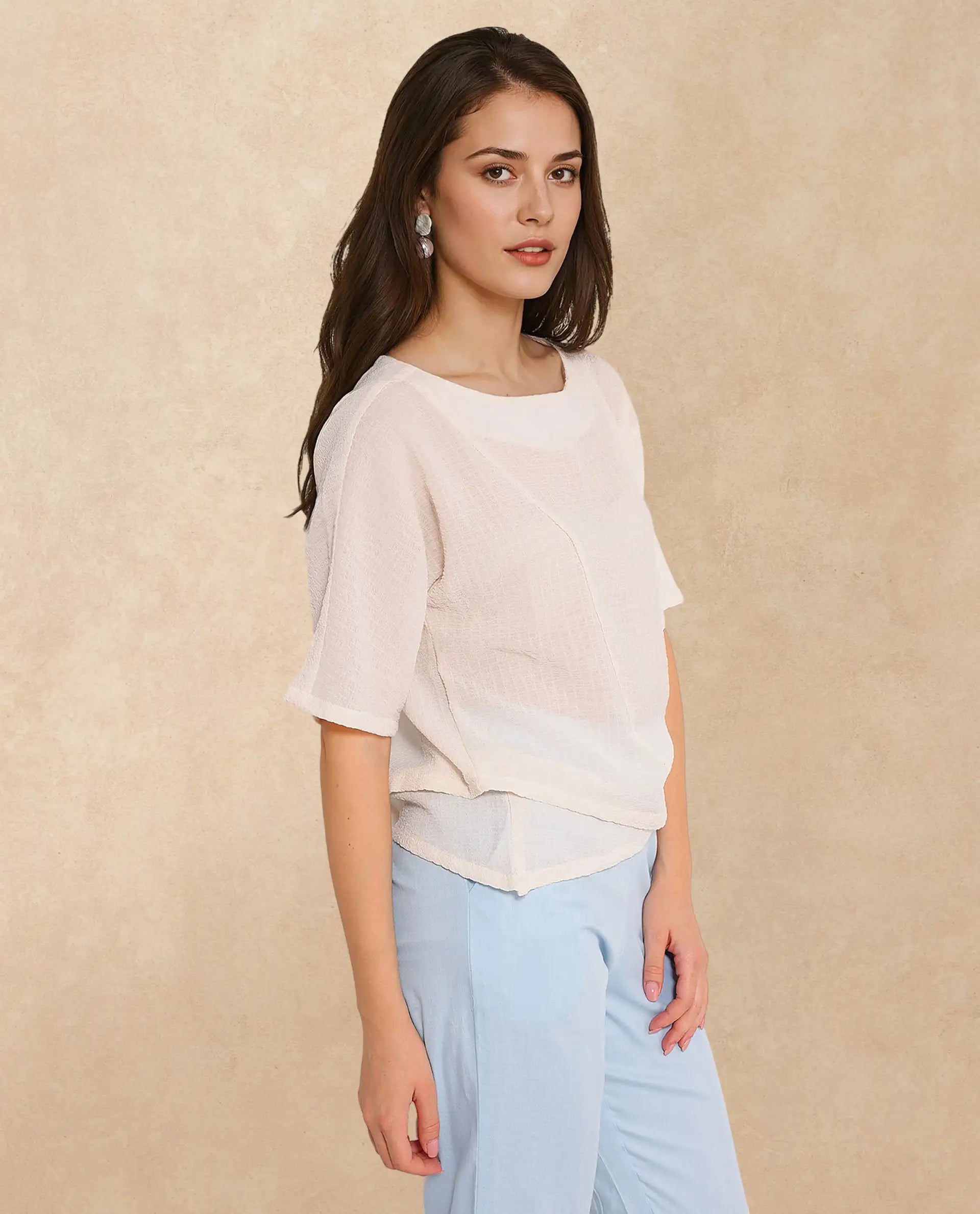 Rareism Women Texmer Beige Short Sleeve Boat Neck Plain Top