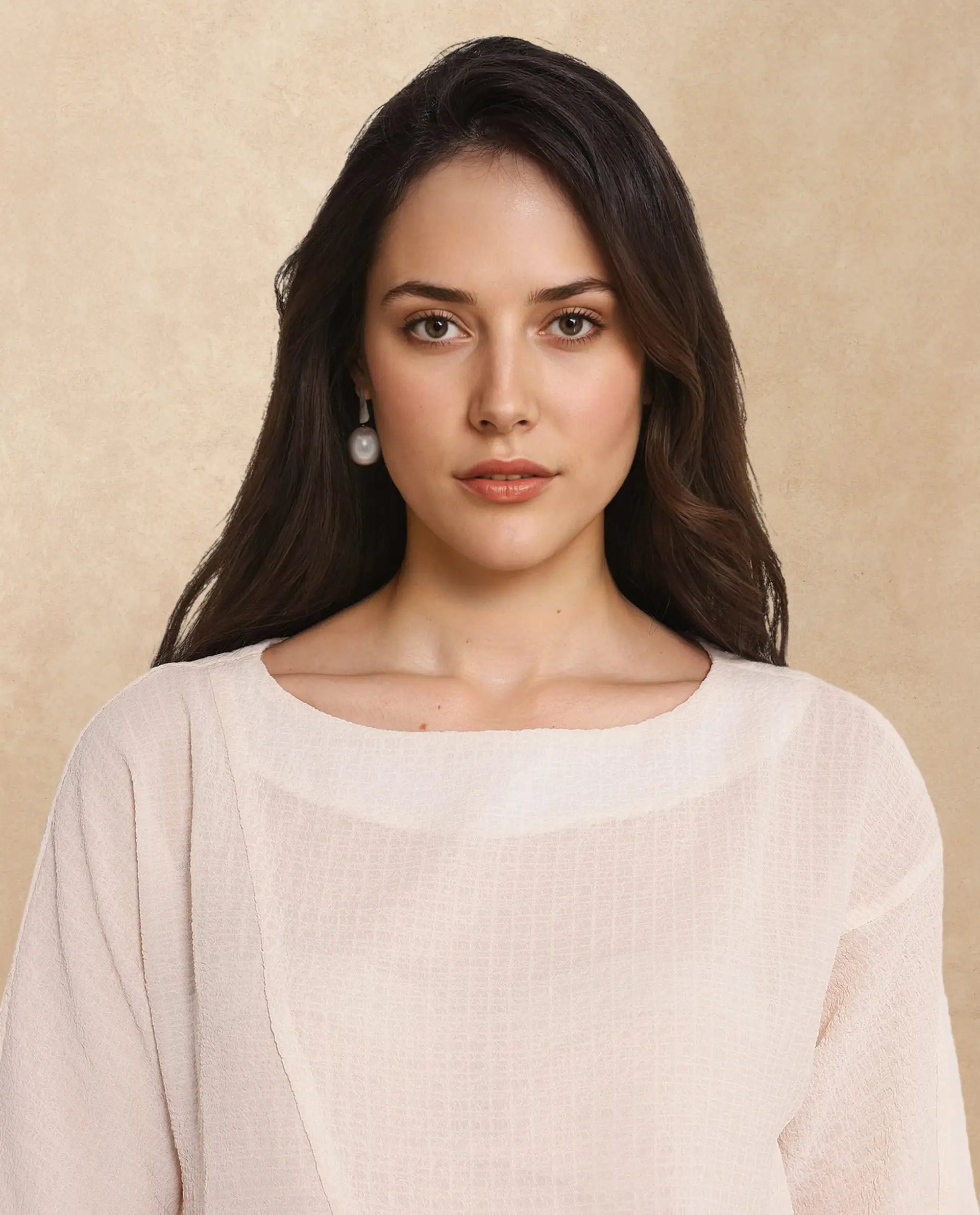 Rareism Women Texmer Beige Short Sleeve Boat Neck Plain Top