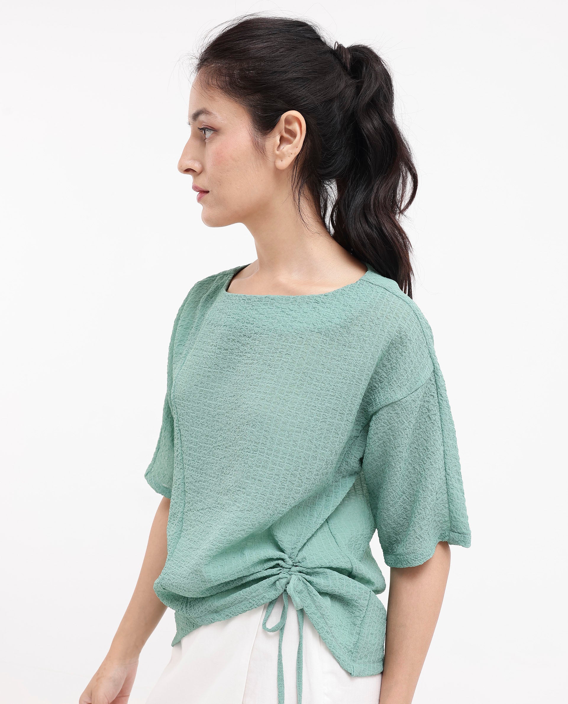 Rareism Women Texmer-SC Green Short Sleeve Boat Neck Plain Top