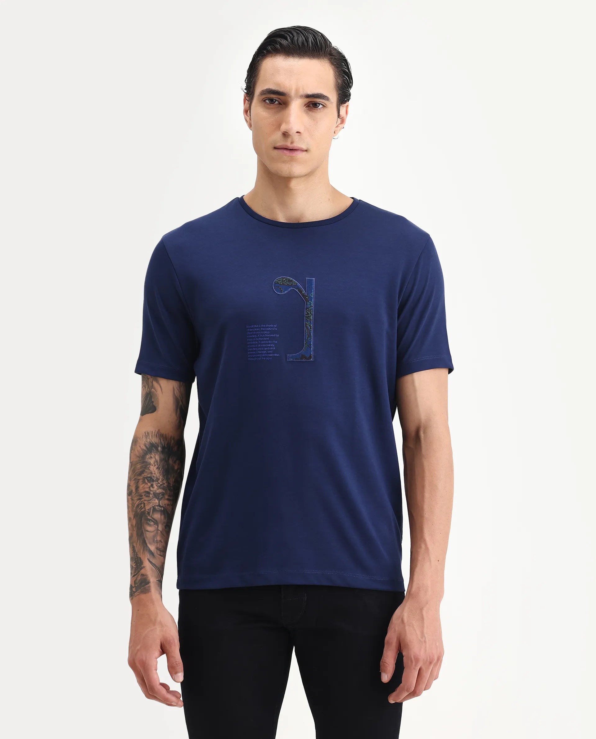 Rare Rabbit Men's Tezo Navy Cotton Blend Graphic Print Regular Fit Half Sleeve Crew Neck T-Shirt