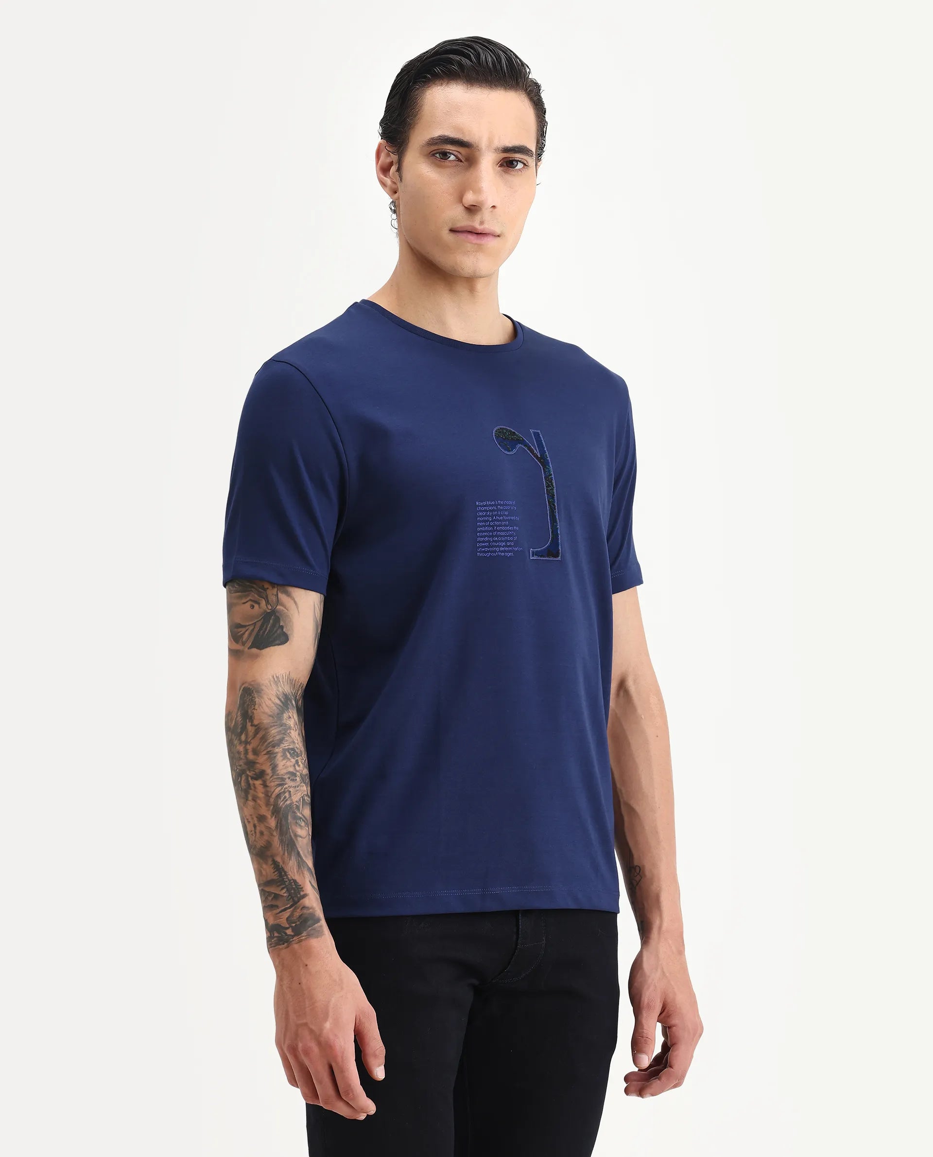 Rare Rabbit Men's Tezo Navy Cotton Blend Graphic Print Regular Fit Half Sleeve Crew Neck T-Shirt