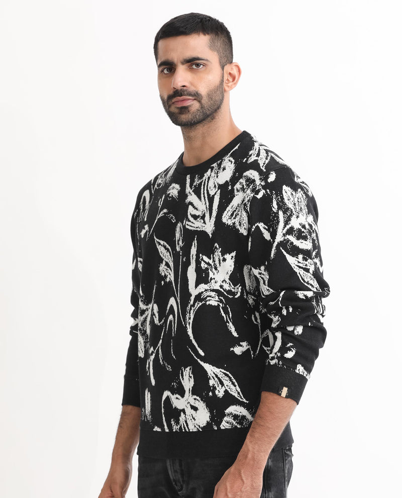 Rare Rabbit Men's Thalora Black Cotton Polyester Fabric Full Sleeves Abstract Floral Print Knitted Sweatshirt