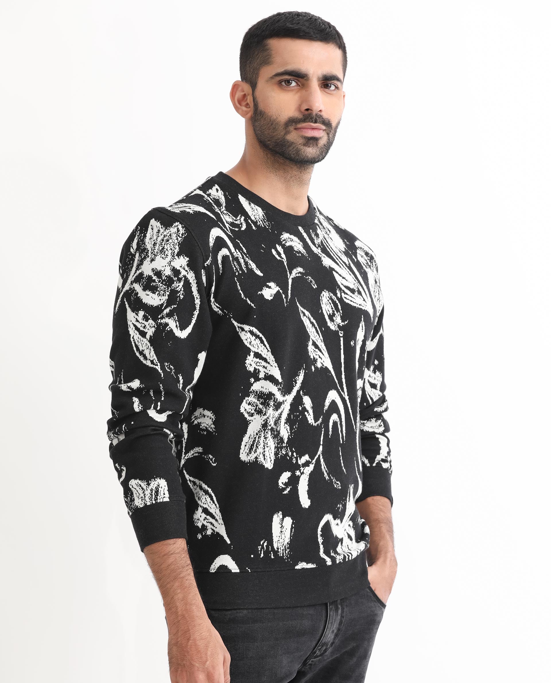 Rare Rabbit Men's Thalora Black Cotton Polyester Fabric Full Sleeves Abstract Floral Print Knitted Sweatshirt