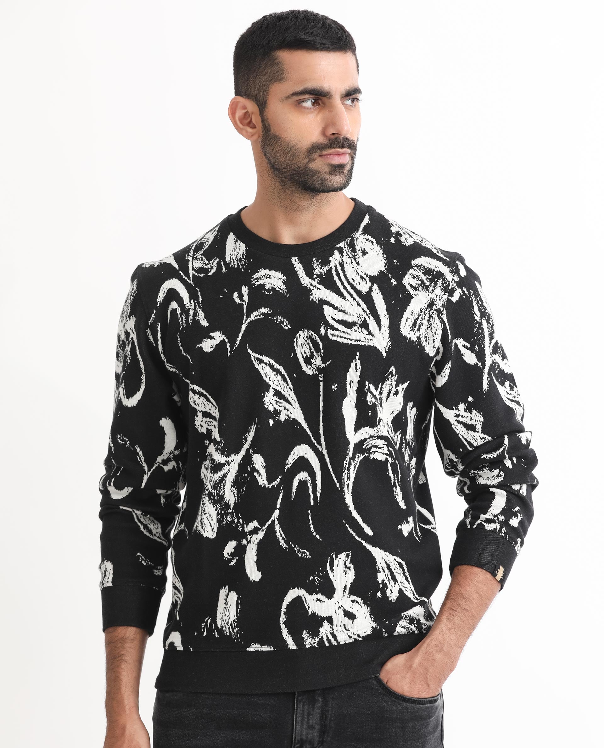 Rare Rabbit Men's Thalora Black Cotton Polyester Fabric Full Sleeves Abstract Floral Print Knitted Sweatshirt