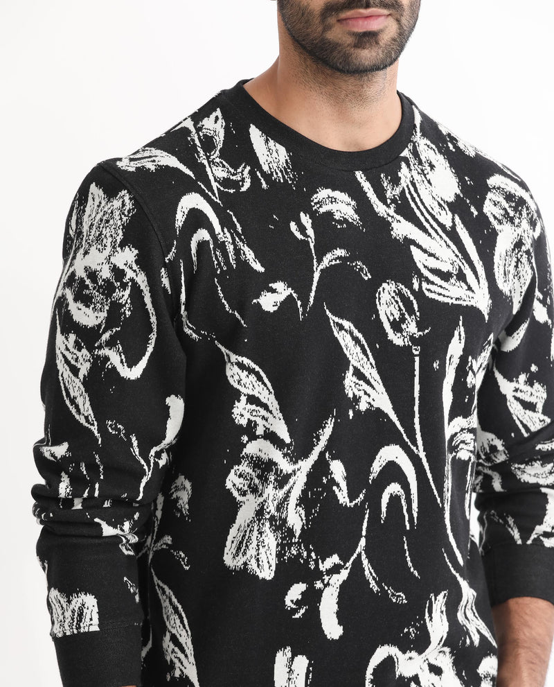Rare Rabbit Men's Thalora Black Cotton Polyester Fabric Full Sleeves Abstract Floral Print Knitted Sweatshirt