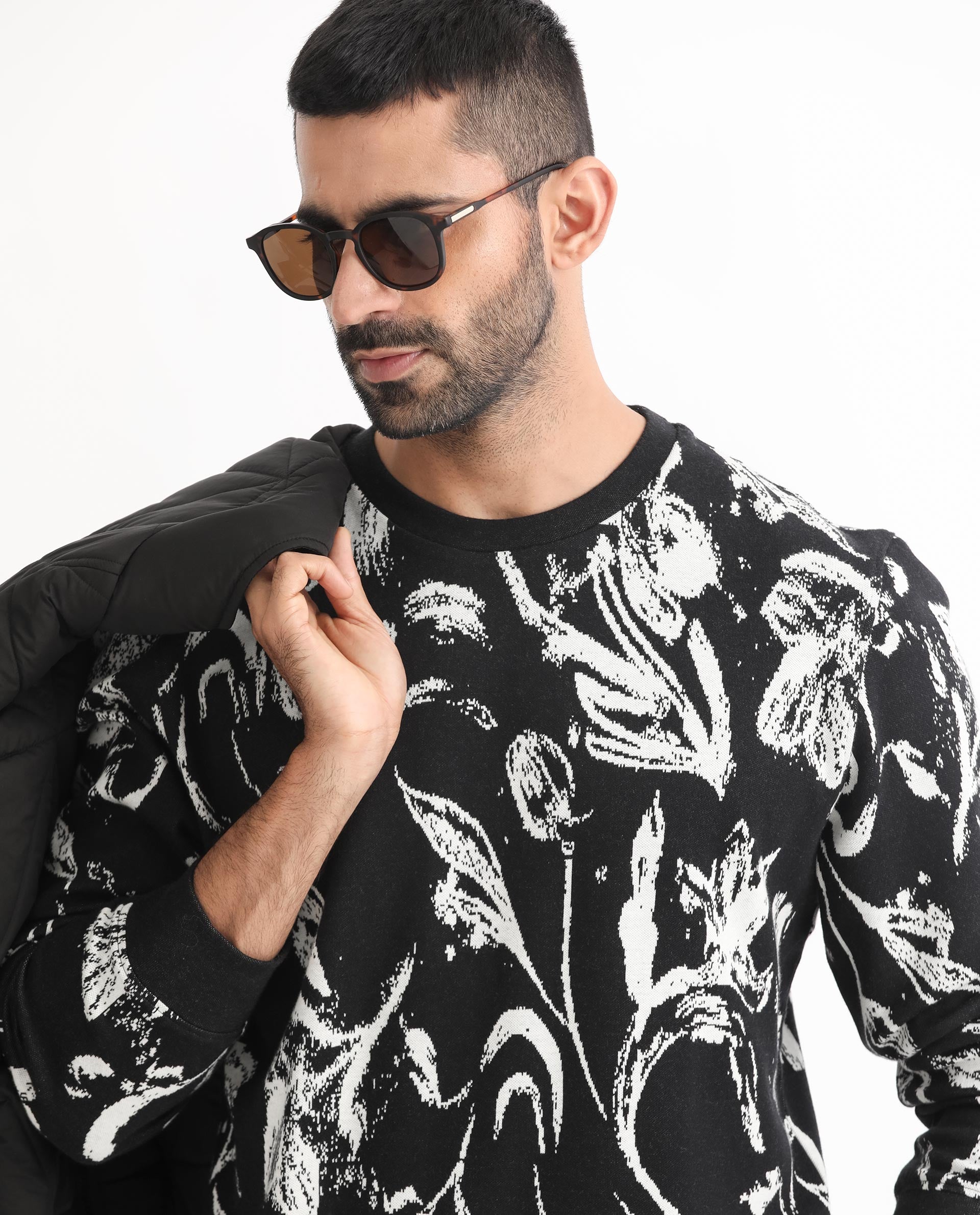 Rare Rabbit Men's Thalora Black Cotton Polyester Fabric Full Sleeves Abstract Floral Print Knitted Sweatshirt