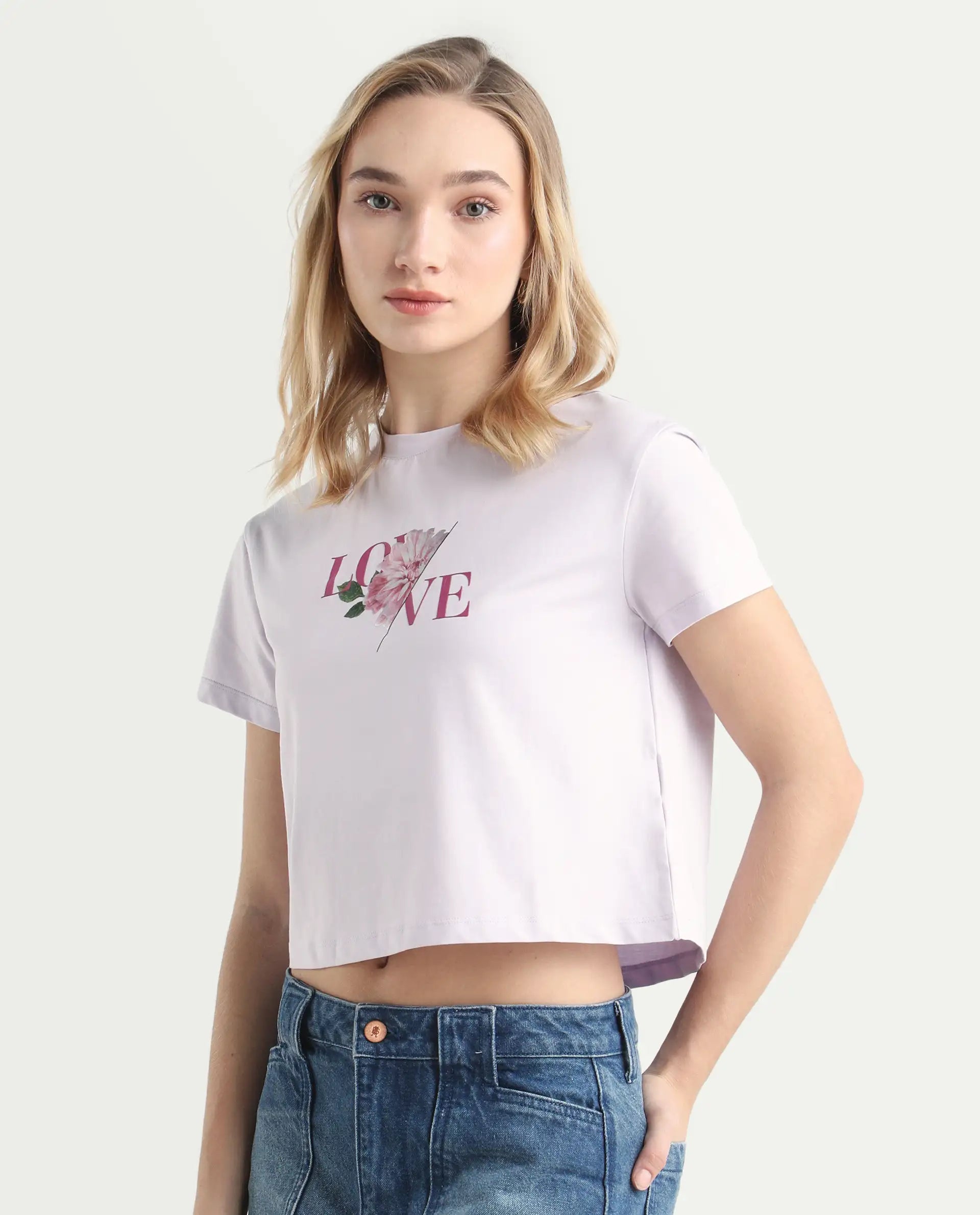 Rareism Women's Thea Pastel Purple Cotton Blend Crew Neck Graphic Print Crop Regular Fit T-Shirt