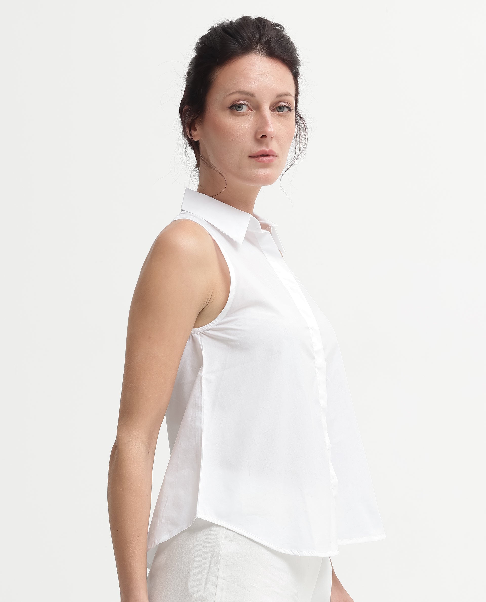 Rareism Women Thebe-SC White Cotton Fabric Sleeveless Collared Neck Button Closure Solid Regular Fit Top