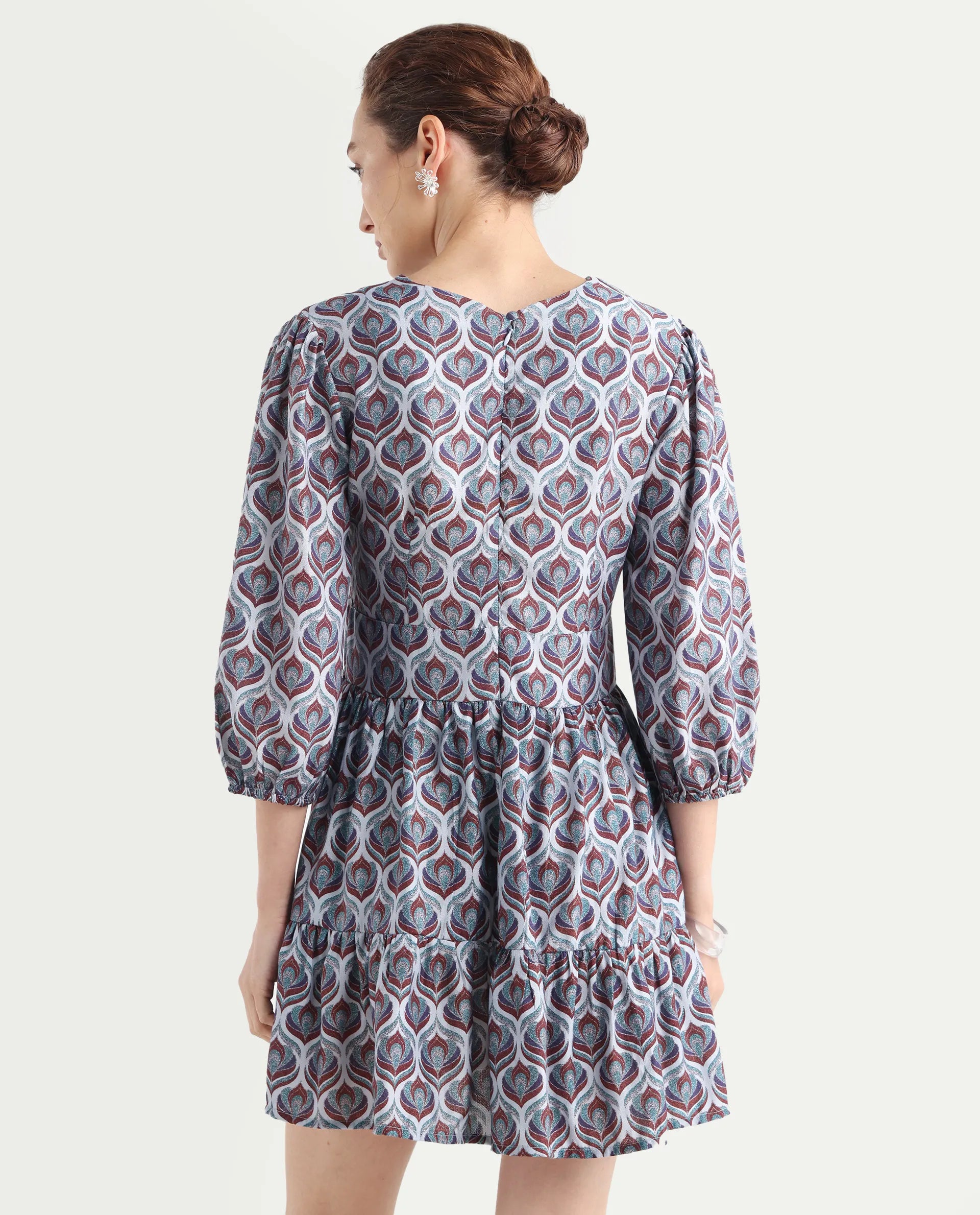 Rareism Women's Thecon Blue Polyester V-Neck Abstract Print Bishop Sleeve Mini Fit And Flare Dress